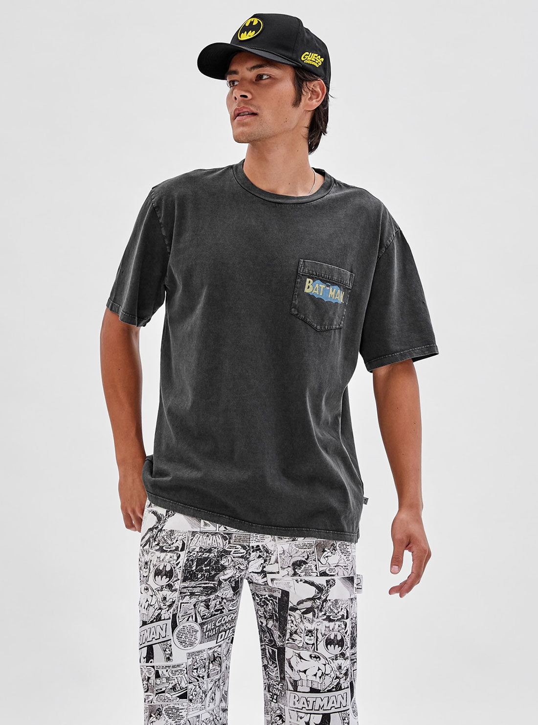 Guess Originals x Batman Black Spotlight Graphic T-Shirt - Men's Superhero Tee for Casual Wear & Comic Con Events
