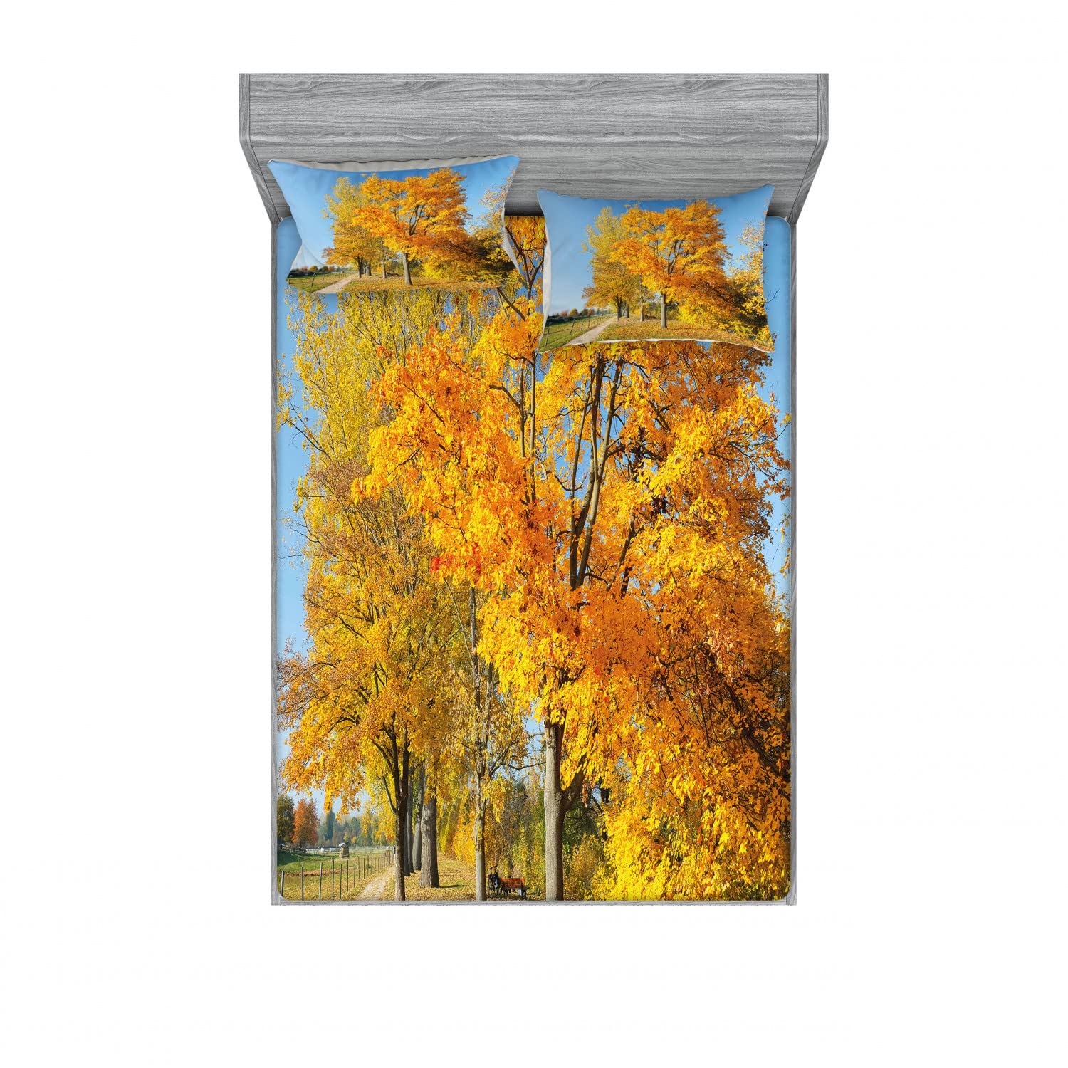 Ambesonne Autumn Maple Trees Countryside 4-Piece Bedding Set - 2 Full Size Fitted Sheets & 4 Pillow Shams - Pale Blue Yellow Green Fall Decor - Perfect for Cozy Bedroom, Guest Room & Seasonal Home Decor