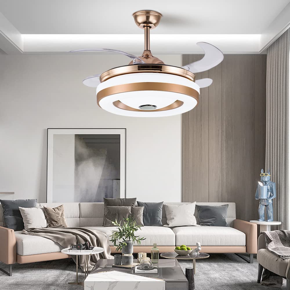 42 Inch Smart Retractable Ceiling Fan with LED Light & Remote Control - Modern Low Profile Hidden Chandelier Fan for Bedroom, Dining & Living Room - Ultra Quiet, Multi-Speed, Dimmable Lighting for Year-Round Comfort