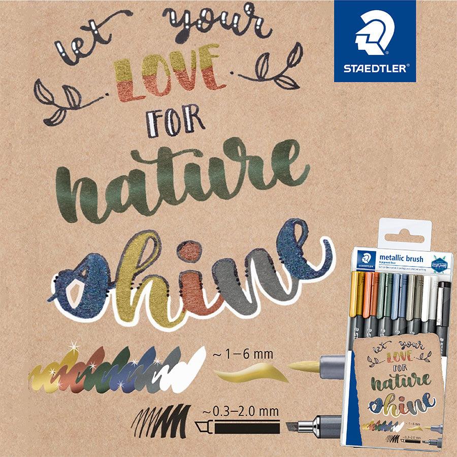 STAEDTLER Metallic Brush Pen Set - 6 Vibrant Colors + 1 Pigment Liner for Calligraphy, Art & Bullet Journaling - Perfect for Hand Lettering, Sketching & Creative Projects