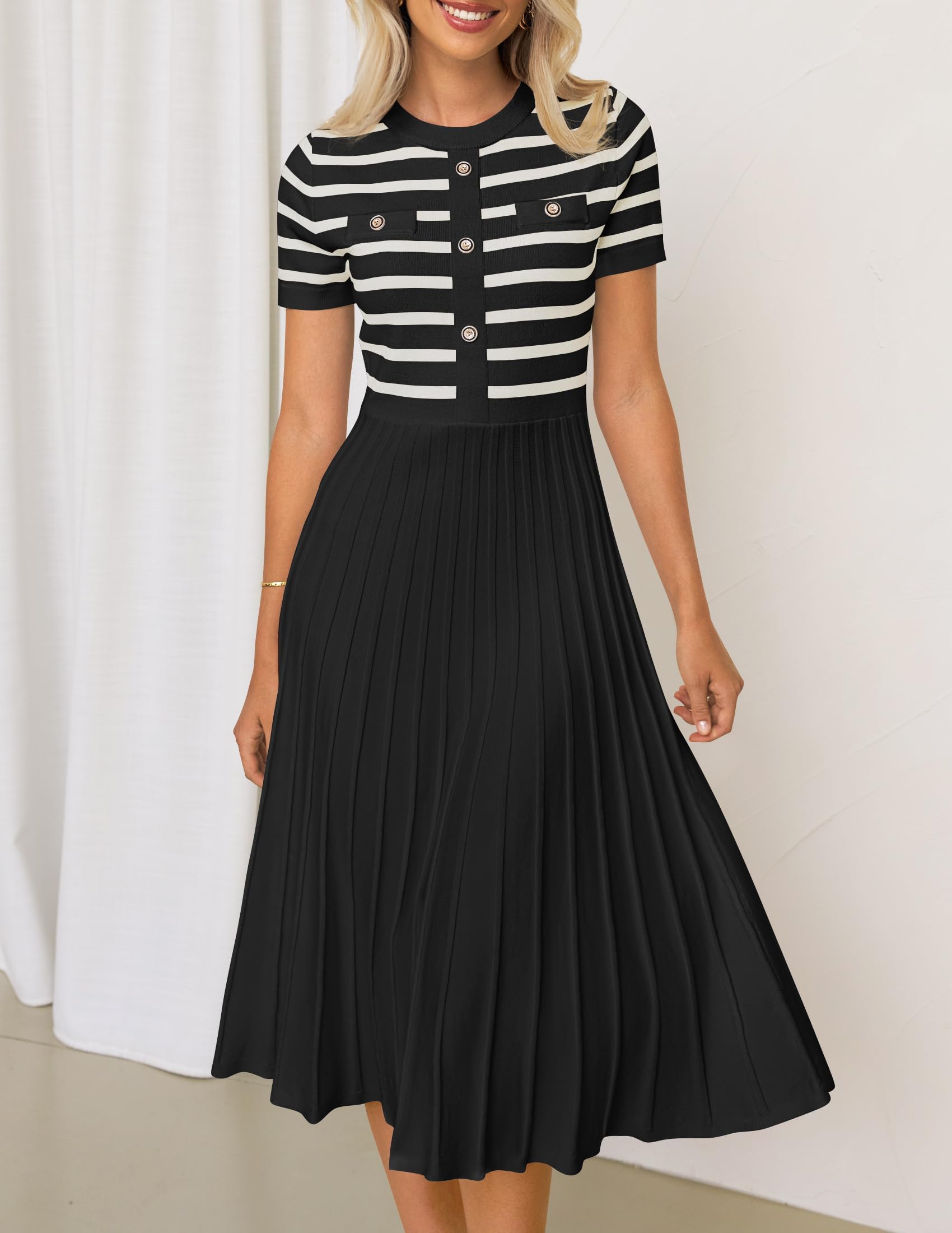 ZESICA Women's Casual Striped Midi Dress - Crewneck Short Sleeve Button Down Ribbed Knit Swing Pleated A-Line Dress for Spring Summer Office Work & Weekend Outings