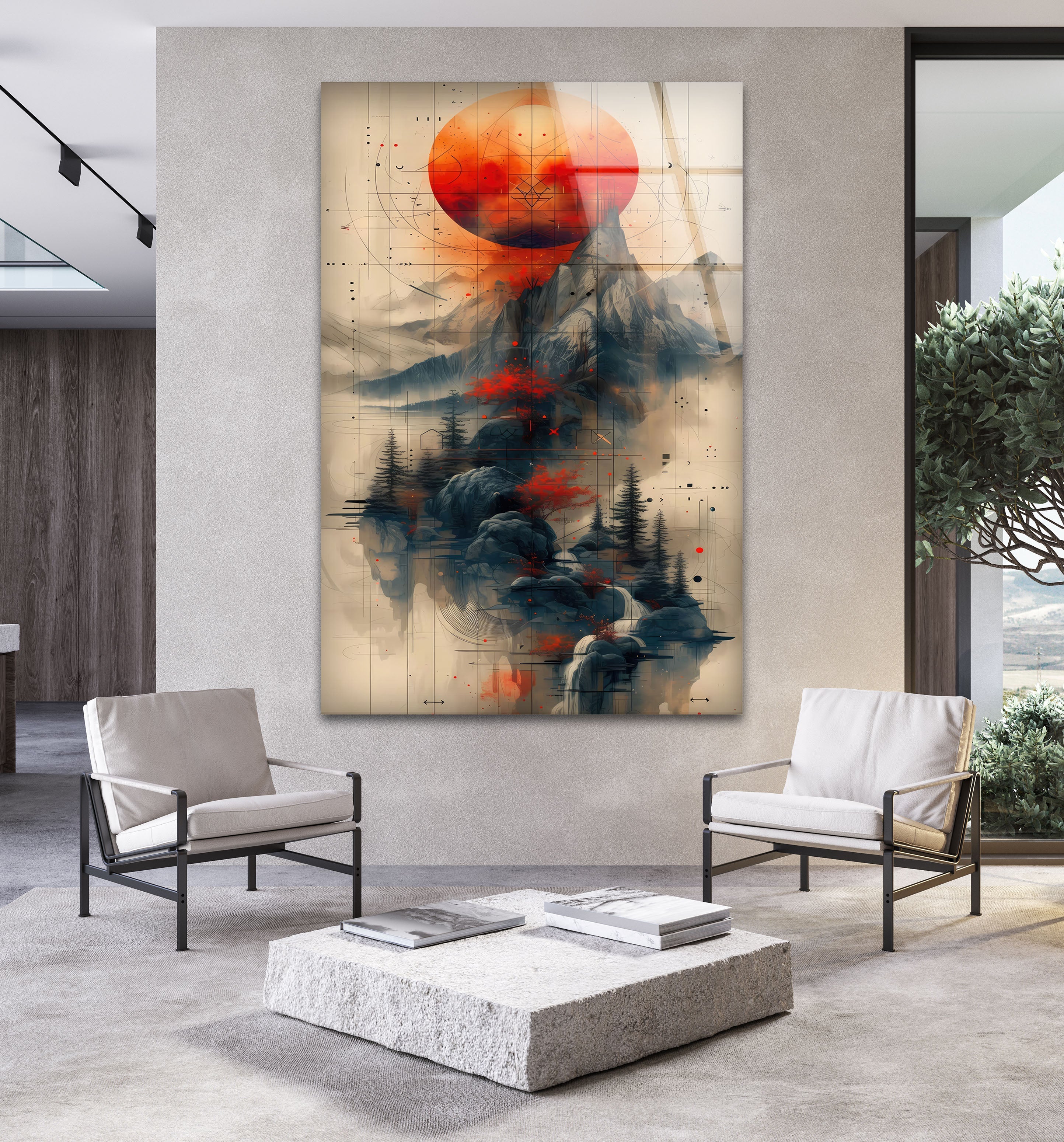 Abstract Mountain Glass Wall Art - Modern Red Sun Landscape Painting for Home & Office Decor | Perfect for Living Room, Bedroom, or Office Spaces