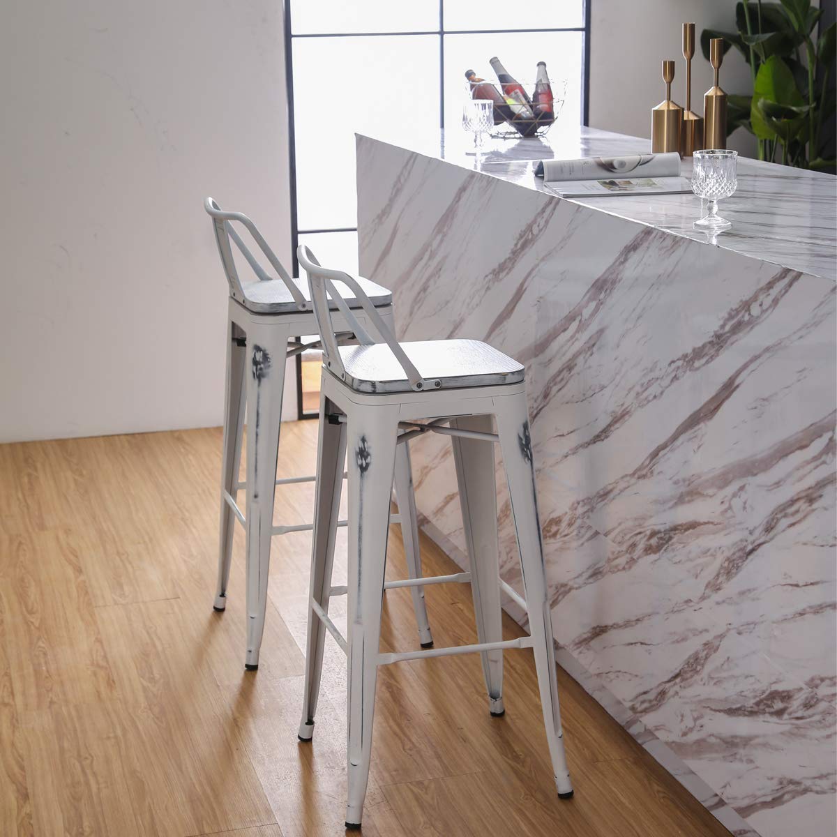 **Industrial Metal Bar Stools Set of 4 - 30 Inch Counter Height Bar Stools for Kitchen, Dining & Home Bar - Distressed White Finish - Durable & Stylish Seating for Modern Spaces**