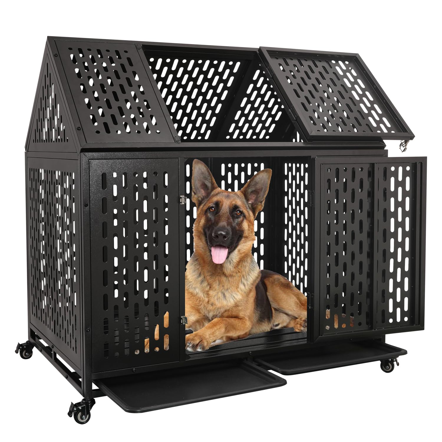 44 Inch Heavy Duty Indestructible Dog Crate - Escape Proof High Anxiety Impact Pet Crate for Large & Medium Dogs | Chew Proof Soundproof Steel Kennel with Wheels & Trays | Easy Assembly | Perfect for Travel, Home & Vet Visits