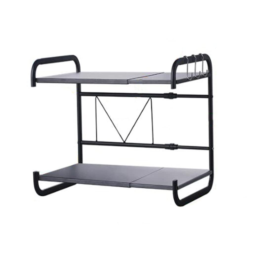 2-Tier Microwave Oven Rack - Expandable Kitchen Shelf for Microwave & Countertop (43-63cm Adjustable) - Space Saving Storage Organizer for Small Kitchens, Dorms & RVs - Black