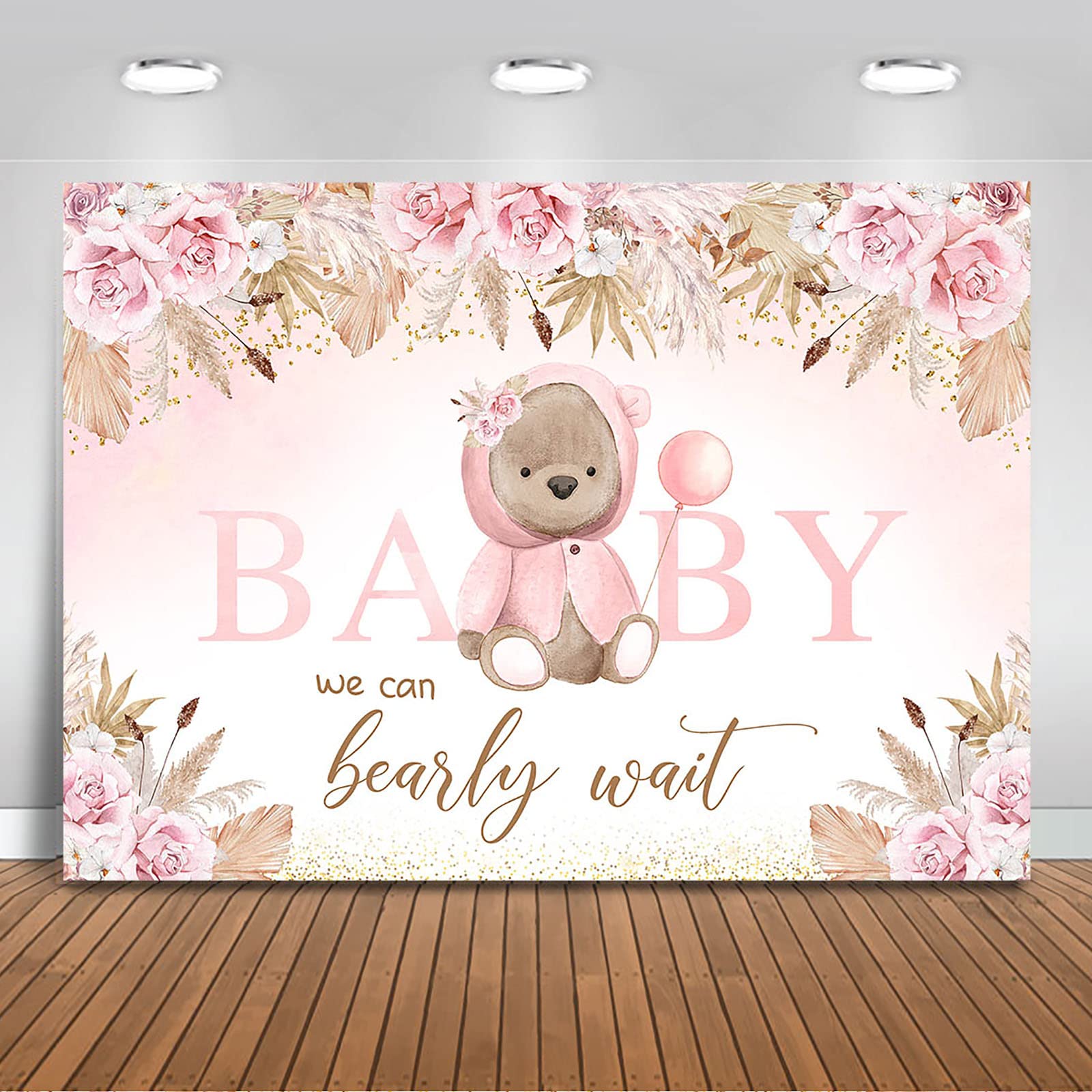 Boho Bear Baby Shower Backdrop 7x5ft - Pink Floral & Pampas Grass Photography Background for Girls - 'We Can Bearly Wait' Theme Party Decor - Perfect for Baby Showers, Gender Reveals & Nursery Photoshoots