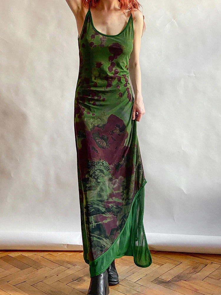 Vintage Asymmetrical Floral Print Maxi Dress for Women - Boho Fairycore Grunge Beach Sundress, Sexy Long Dress with Strap for Summer, Party, Vacation & Outdoor Events