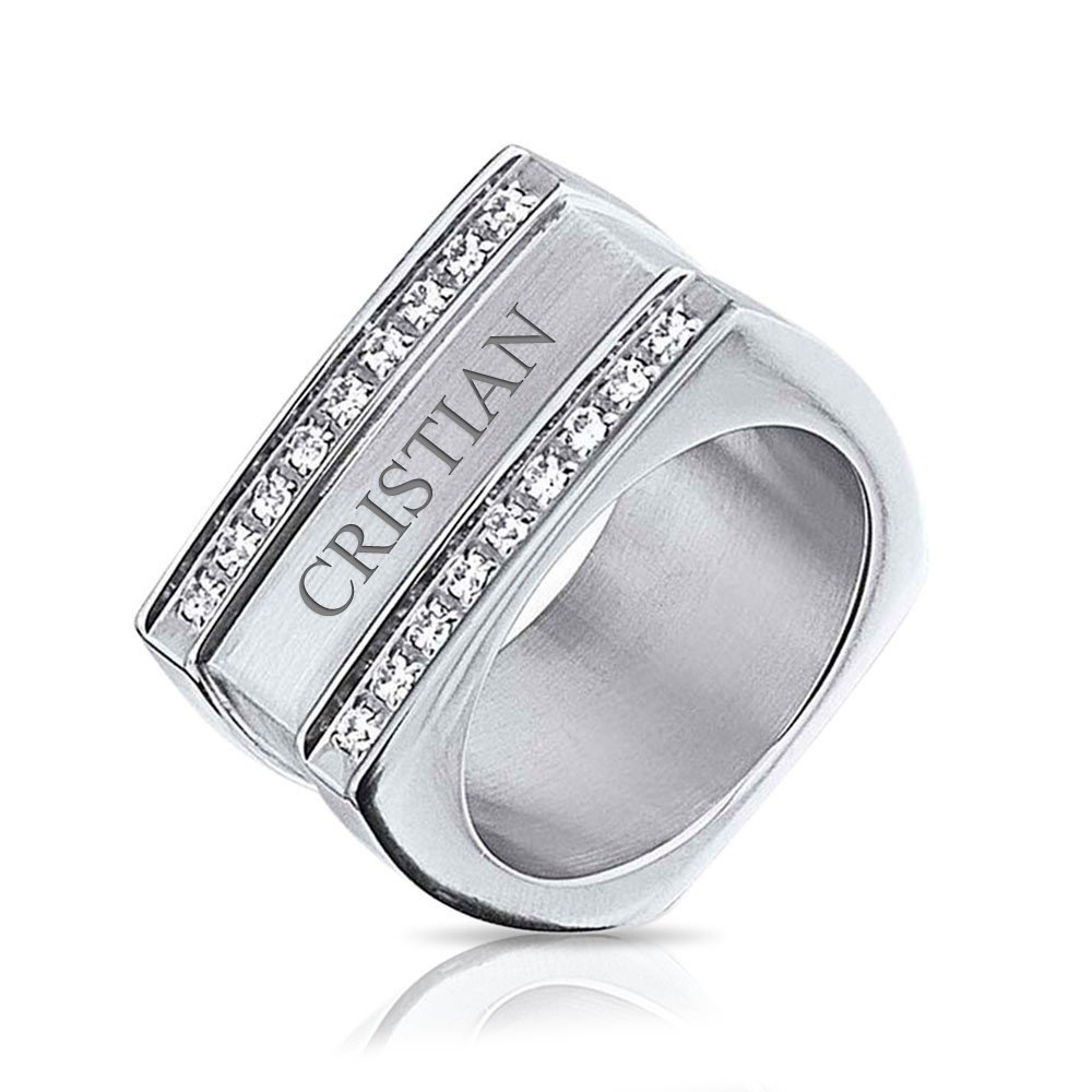 Personalized Greek Key Geometric Pave CZ Accent Cubic Zirconia Cross Men's Rectangle Signet Statement Band Ring - .925 Sterling Silver or Stainless Steel - Perfect for Weddings, Gifts & Everyday Luxury Jewelry