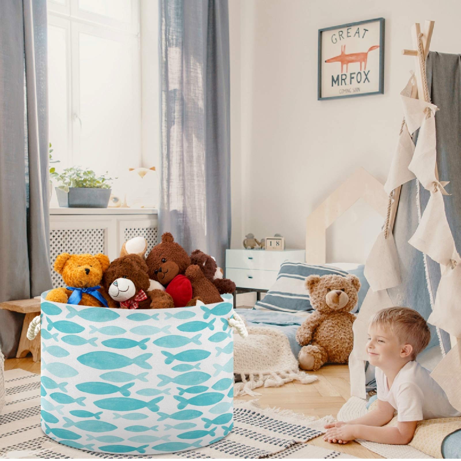 Visesunny Blue Whale Nursery Storage Basket - Waterproof Canvas Fabric Toy Organizer Bin, Laundry Hamper for Kids Room, Playroom, Shelves | Perfect for Baby Clothes, Stuffed Animals & Toy Storage