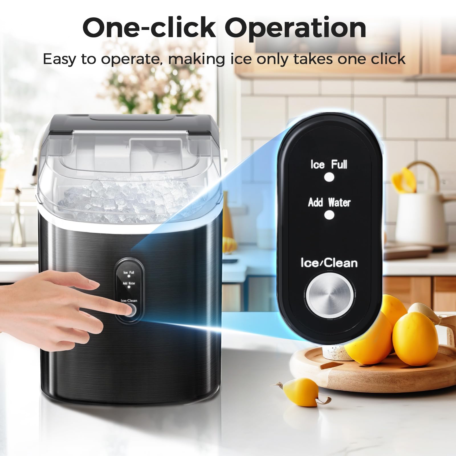 AGLUCKY Countertop Nugget Ice Maker Machine - 35Lbs/24H Portable Pebble Ice Maker with Soft Chewable Ice, One-Click Operation & Self-Cleaning Function, Stainless Steel Black - Perfect for Home Kitchen, Office, Parties & Outdoor Activities