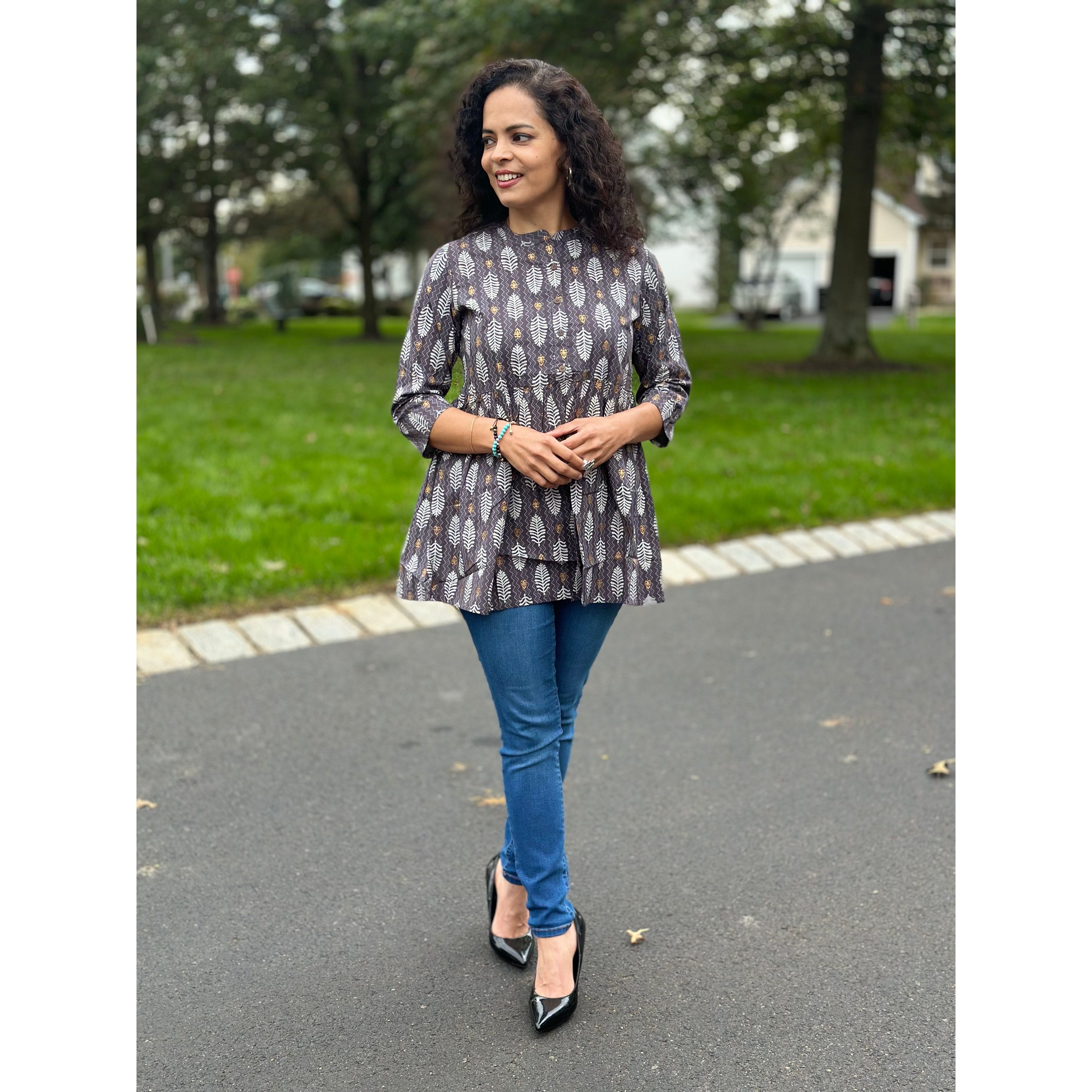 Stylish Grey and White Short Kurti for Women - Comfortable Cotton Summer Tunic Top - Perfect for Casual Wear, Parties & Festivals