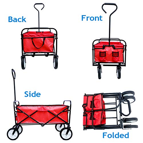 Heavy Duty Collapsible Wagon Cart with Wheels - 150lbs Capacity Foldable Utility Cart, Portable Steel Frame Beach Wagon for Sand, Camping, Picnics, Grocery Shopping & Outdoor Adventures (Red)
