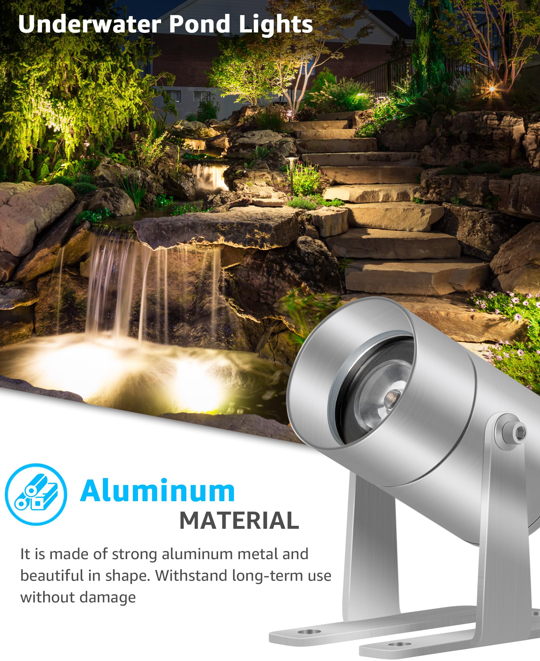 SUNVIE Underwater LED Lights - 12-24V AC/DC Submersible Pond & Fountain Lights, IP68 Waterproof Warm White for Pools, Fish Tanks & Garden Decor