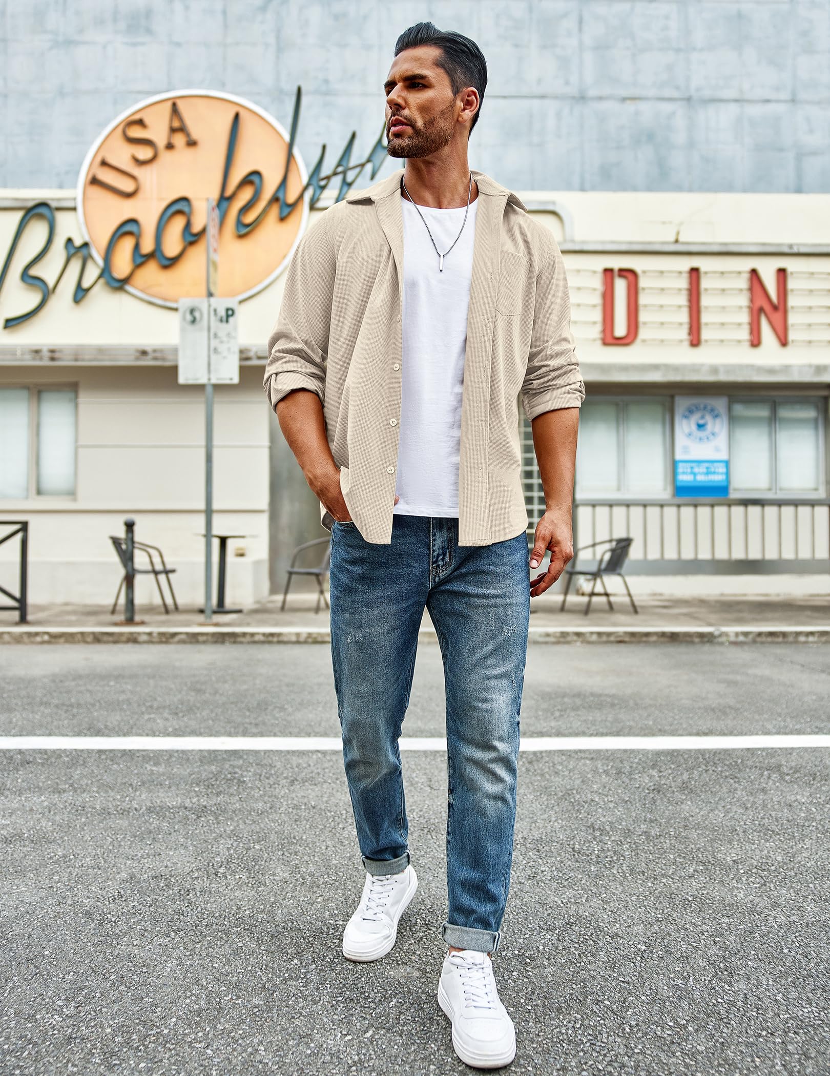 COOFANDY Men's Waffle Knit Button Down Shirt - Casual Long Sleeve Shacket Jacket with Pockets | Fall Winter Layering Essential for Outdoor Activities & Date Nights