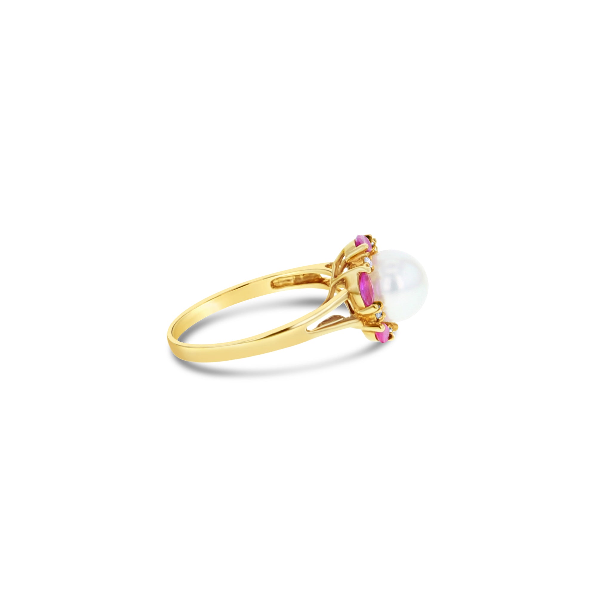 7MM Freshwater White Pearl & Ruby Diamond Halo Ring in 14k Yellow Gold - Elegant Jewelry for Weddings, Anniversaries & Special Occasions