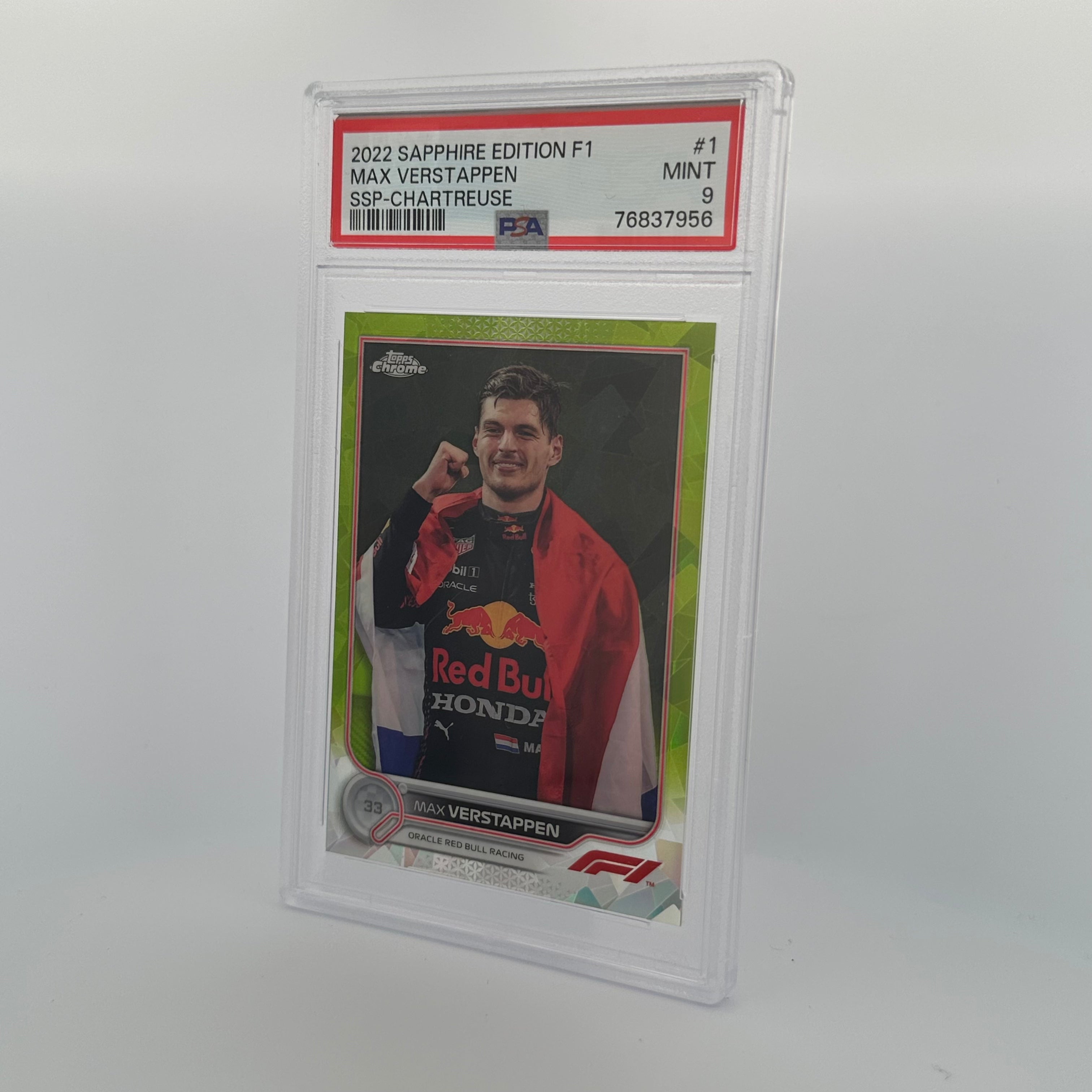 PSA 9 Graded 107/199 MAX VERSTAPPEN #1 SAPPHIRE EDITION SSP CHARTREUSE - Rare Trading Card for Collectors & Racing Fans