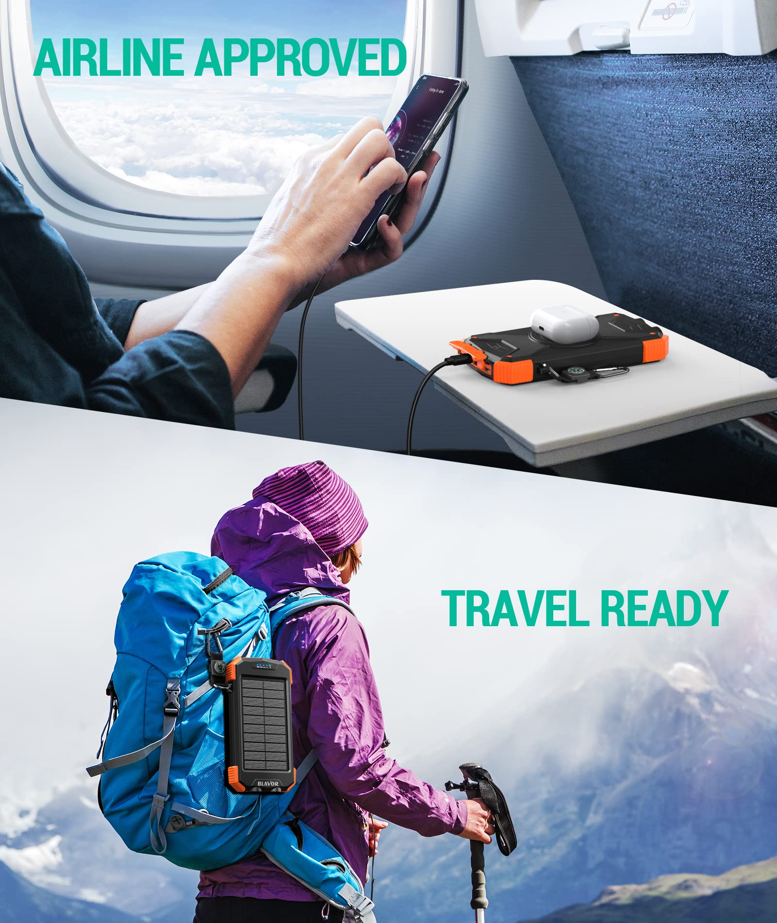 BLAVER 10,000mAh Solar Power Bank with 20W Fast Charging & Wireless Charger | Portable USB-C External Battery for iPhone, Samsung, Android Phones | Solar Panel Charger with Dual Flashlights for Camping, Hiking, Emergency & Outdoor Adventures