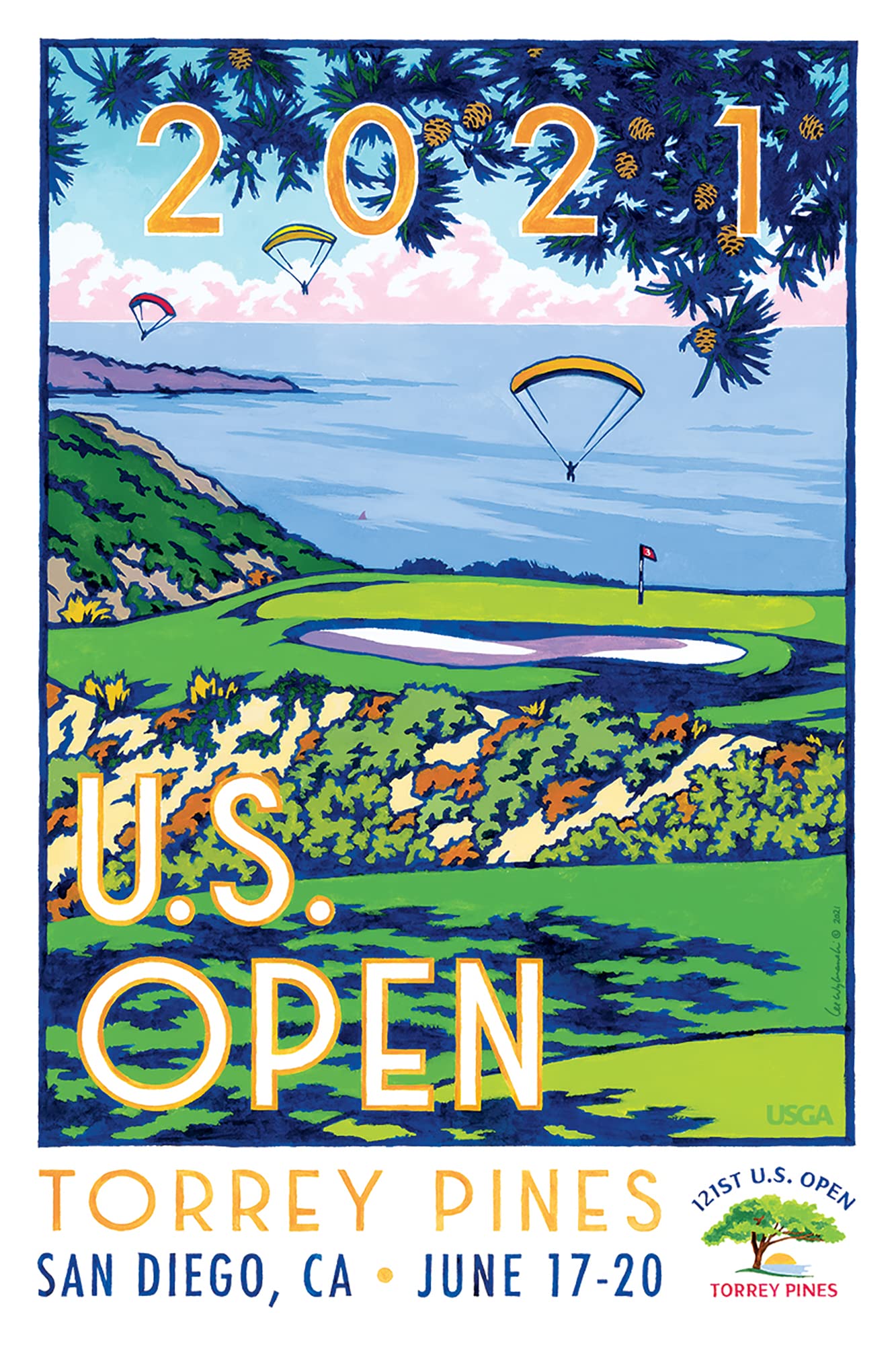 Lee Wybranski Official Golf Art - 2021 U.S. Open Championship at Torrey Pines - 24x36 Inch Framed Golf Poster - Perfect Golf Gift for Men - Home Office Decor & Man Cave Wall Art