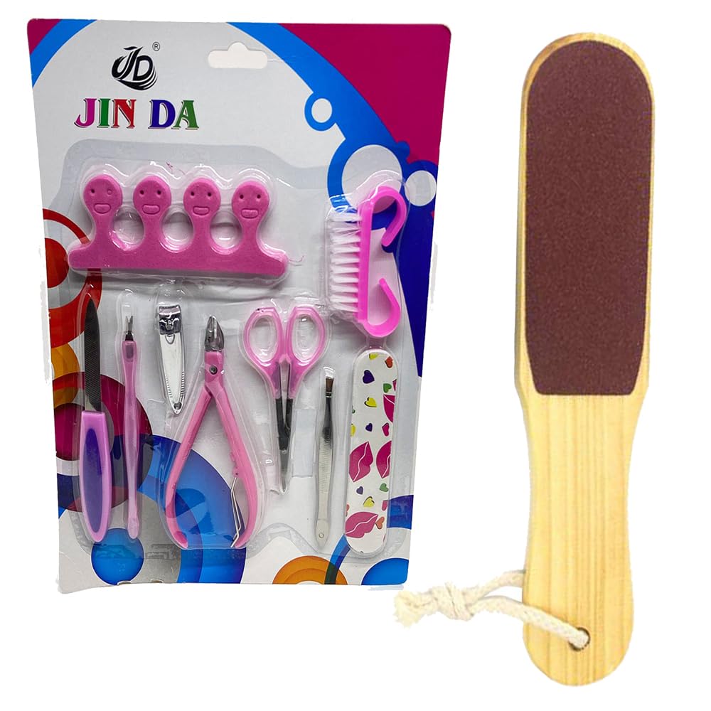 10-Piece Stainless Steel Nail Clipper & Manicure Pedicure Set with Wooden Foot Scrubber - Professional Grooming Kit for Home, Travel & Salon Use