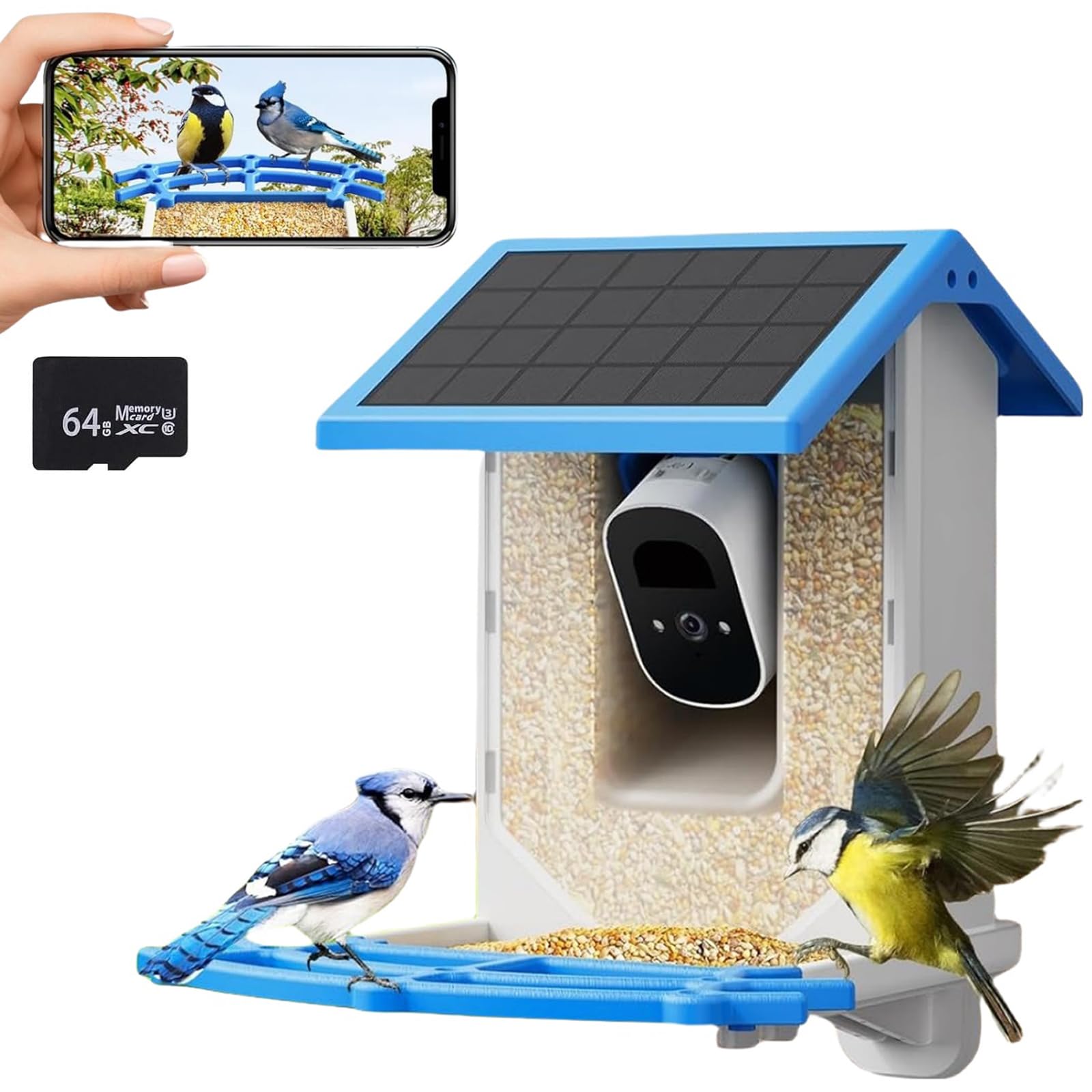 Smart Bird Feeder Camera with Solar Power - 4MP 2.5K HD Wireless Wildlife Camera, 64GB TF Card Included, Auto Bird Detection & AI Recognition for 11000+ Species - Perfect for Backyard Bird Watching, Nature Monitoring & Outdoor Wildlife Photography