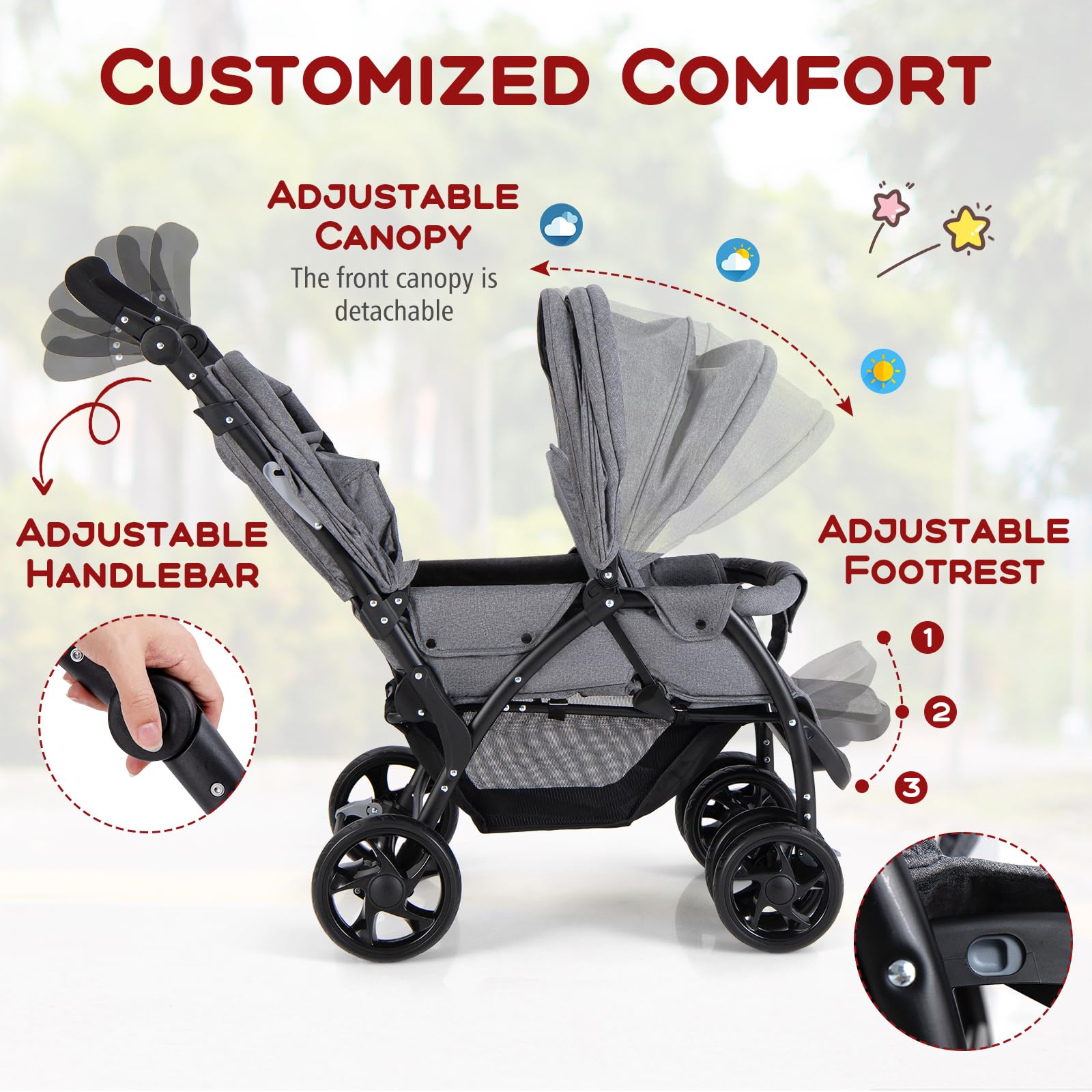 HONEY JOY Double Stroller - Lightweight Foldable Tandem Twin Stroller for Newborns & Toddlers with 5-Point Safety Harness, Reclining Seats & Storage Basket | Perfect for Twins, Siblings or Daycare Use (Gray)