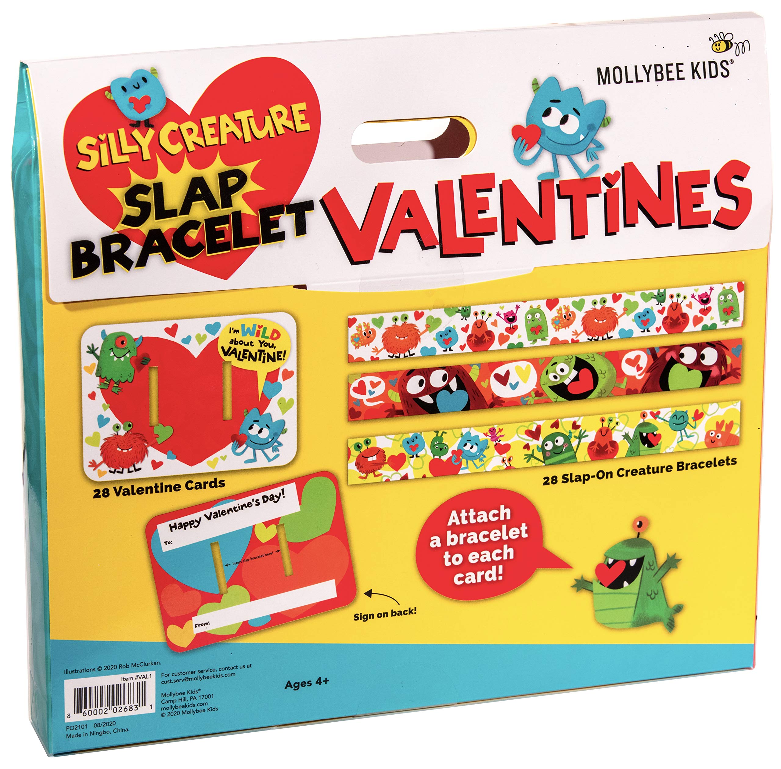 MOLLYBEE KIDS Valentine's Day Slap Bracelets and Cards Set - 28 Silly Valentines with Envelopes & Fun Slap Bracelets for Kids, Classroom Exchange, School Parties, and Valentine's Day Gifts