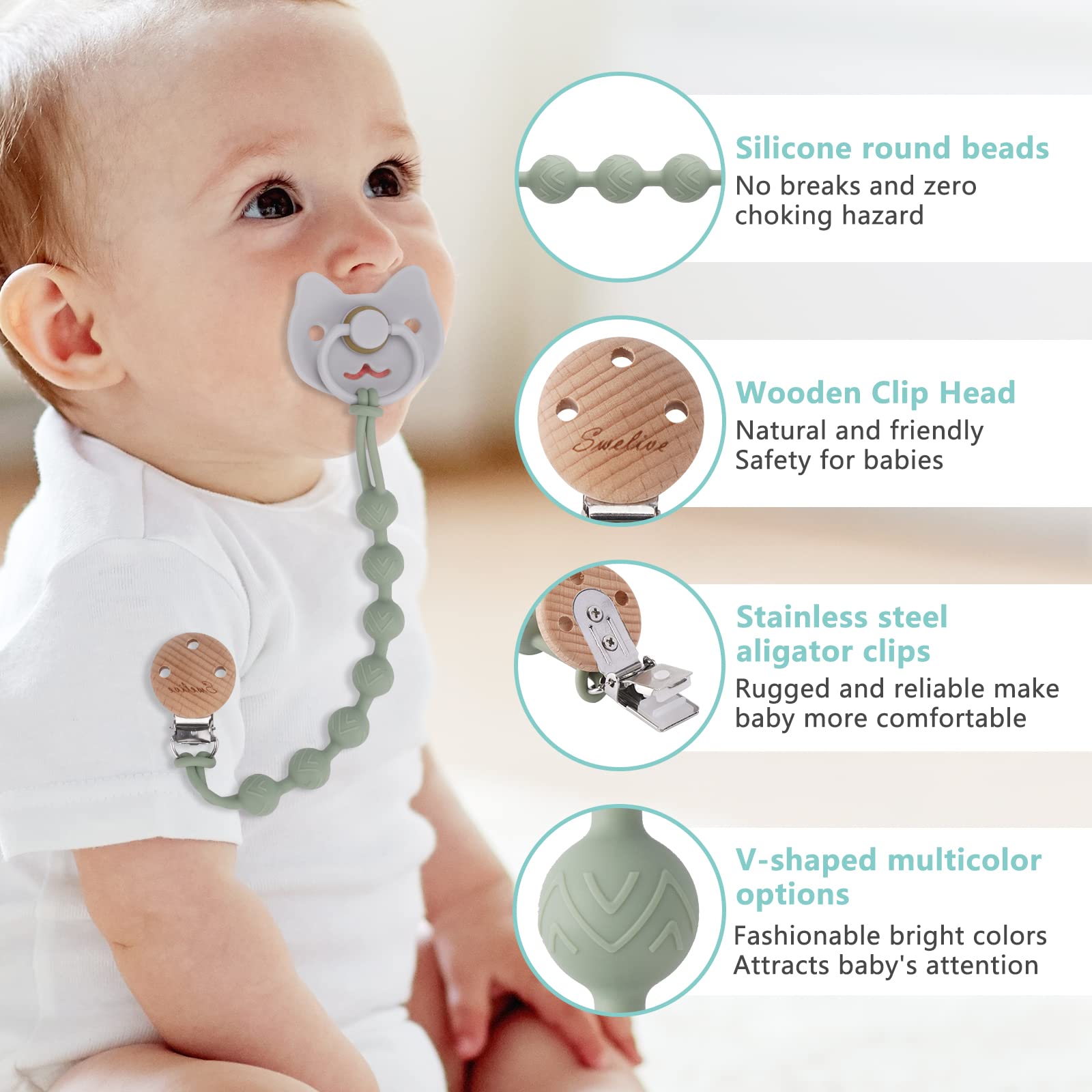 2 Pack Wooden Pacifier Clips for Baby Boys & Girls - One-Piece Binky Holder Clips with Natural Design - Perfect Baby Shower Gift & Birthday Present - Ideal for Strollers, Car Seats & Daily Use (Sage+Ether)
