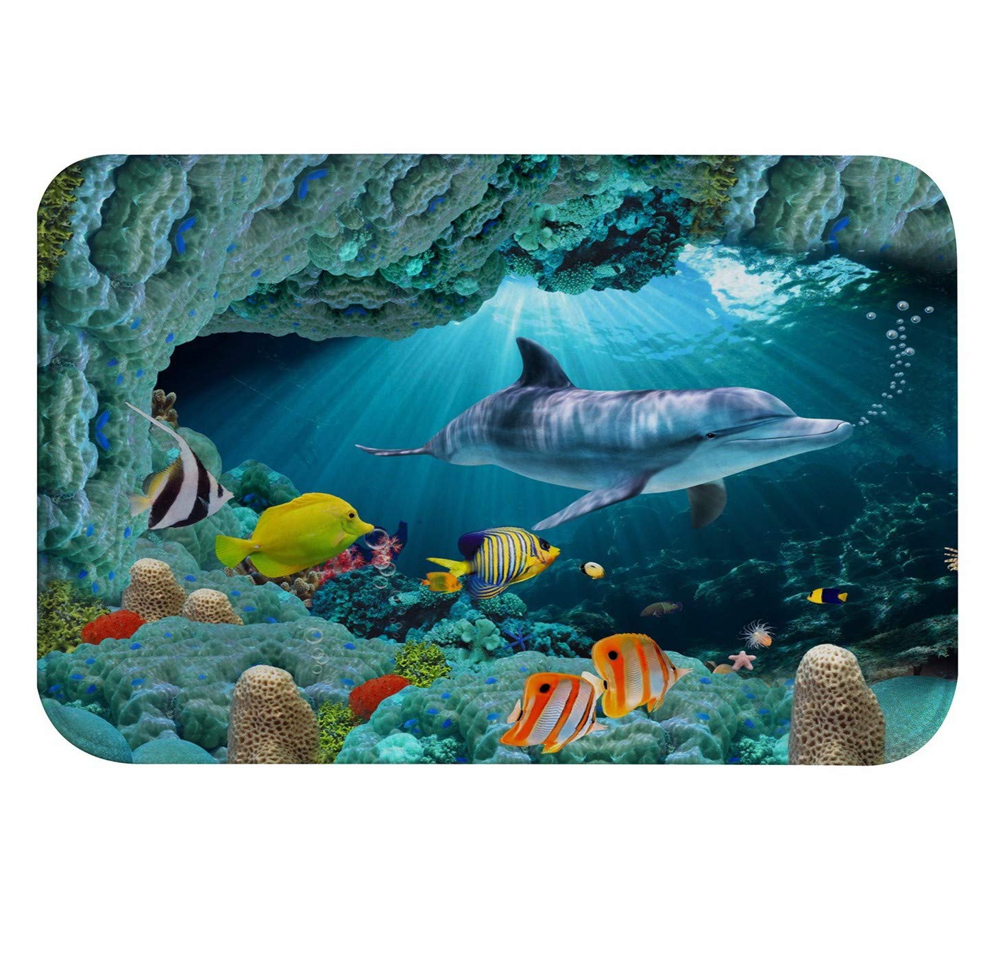 **A.Monamour 3D Underwater World Dolphin Fish Coral Marine Life Bath Mat – Soft Absorbent Flannel, Non-Slip, Washable Bathroom Rug – Perfect for Bathroom, Kids Room, and Beach House Decor**