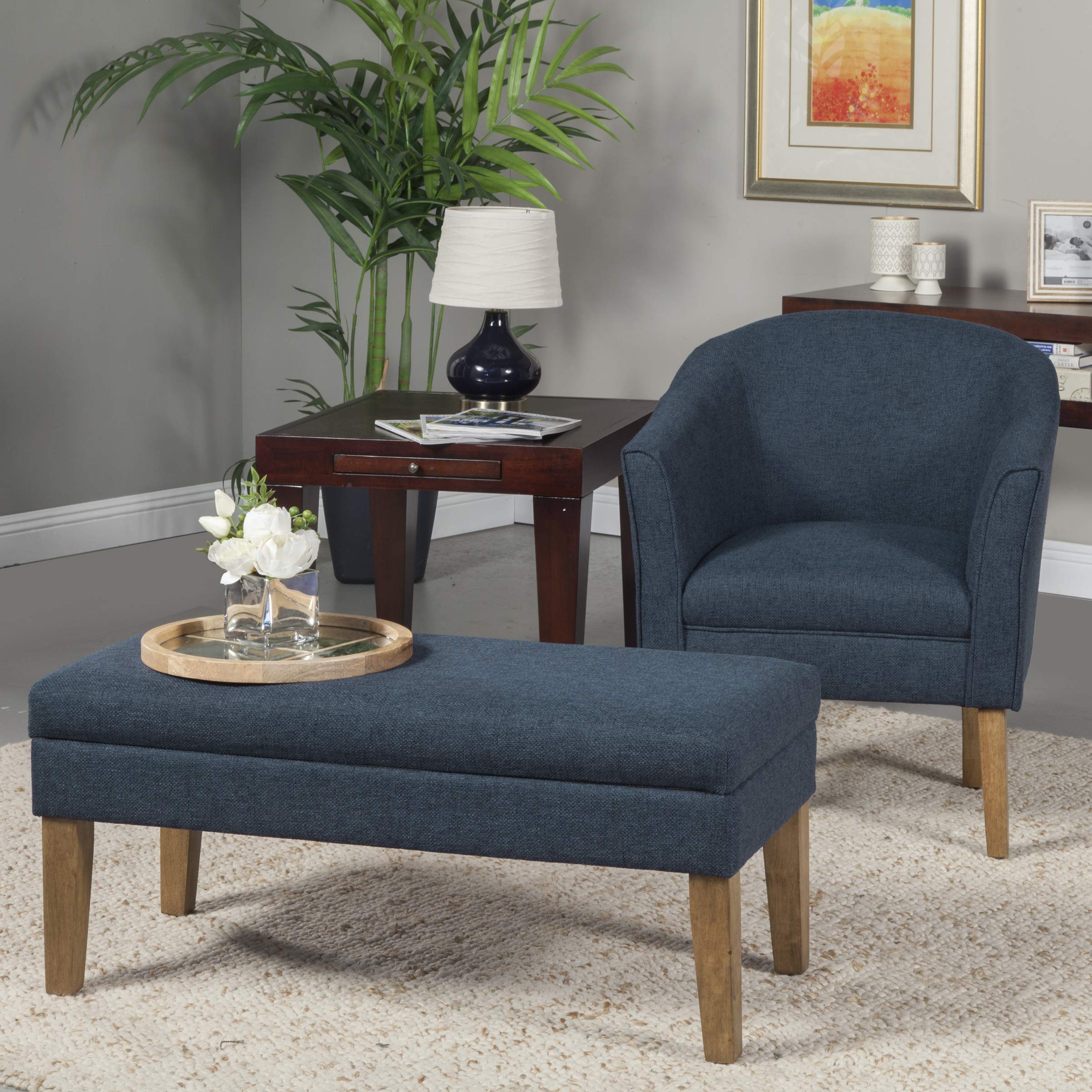 Homepop Upholstered Storage Ottoman Bench - Navy Woven Textured Decorative Furniture for Living Room & Bedroom | Multi-Functional Seat with Hidden Storage | Perfect for Extra Seating, Footrest & Home Organization
