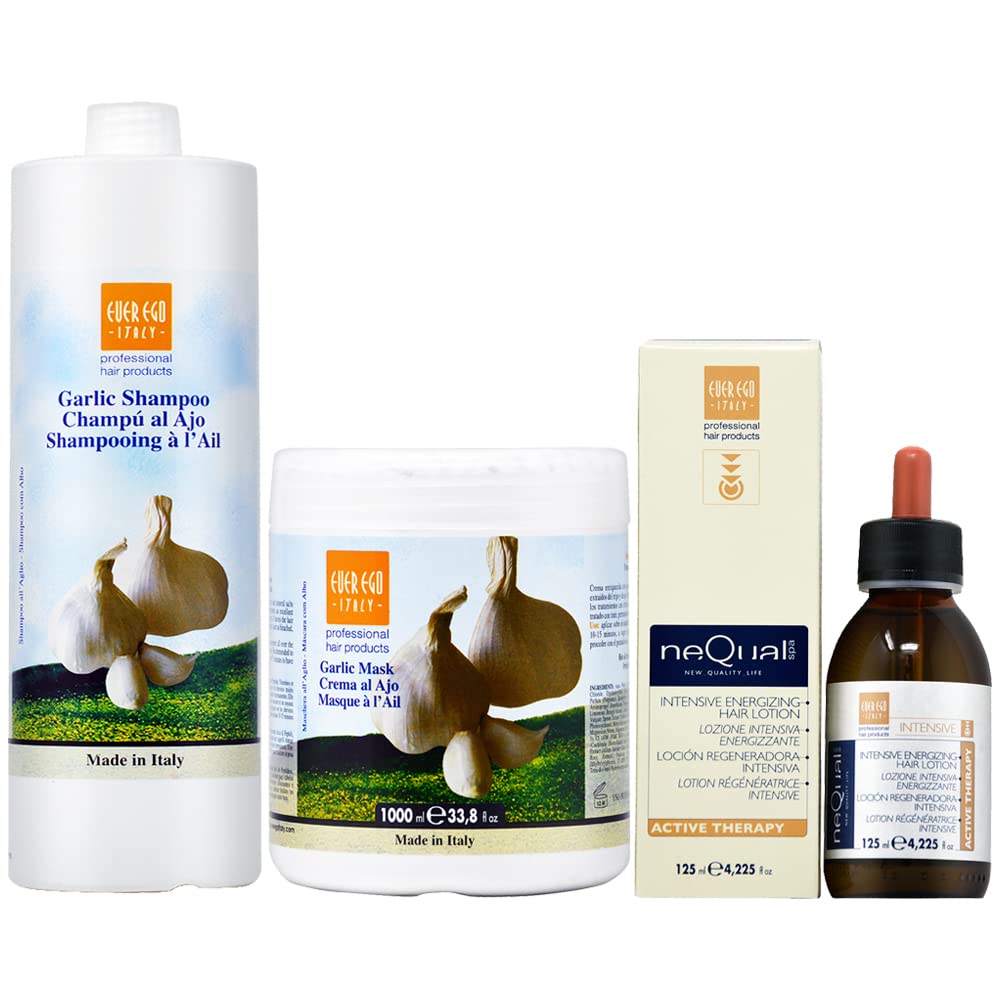 Ever Ego Garlic Shampoo & Mask Set (33.8oz) with Nequal Intensive Energizing Hair Lotion (4.22oz) - Natural Hair Growth Treatment for Thinning Hair, Dandruff Control & Scalp Care - Perfect for Damaged Hair Repair & Daily Hair Care Routine