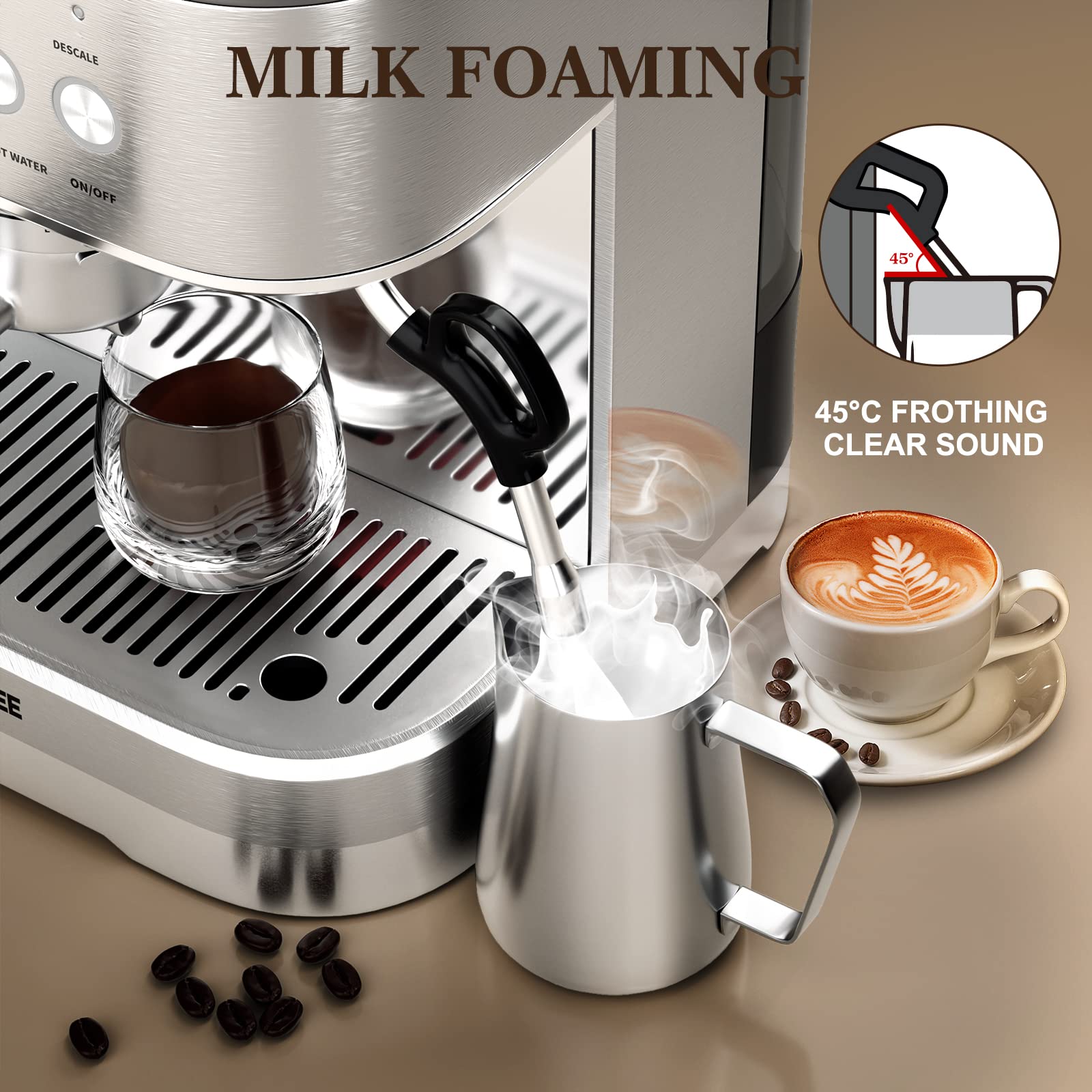 Premium Stainless Steel Semi-Automatic Espresso Machine with Built-in Grinder & Milk Frother - Perfect for Home Baristas & Coffee Lovers - Ideal for Making Espresso, Cappuccino, Latte & More at Home or Office