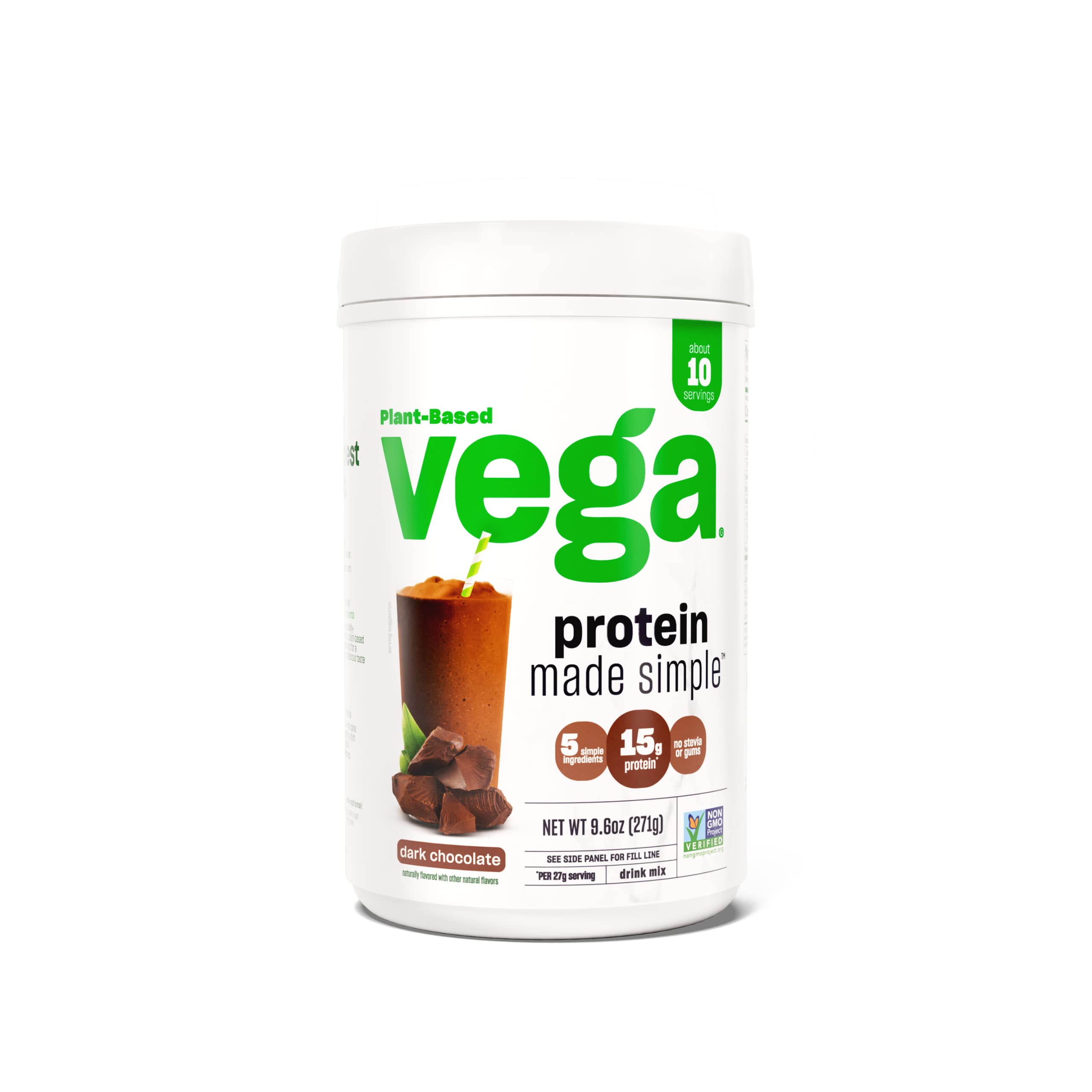 Vega Plant-Based Protein Powder, Dark Chocolate - Vegan, Gluten-Free, Stevia-Free Pea Protein Supplement for Men & Women, 9.6 oz (Packaging May Vary) | Post-Workout Recovery, Smoothie Booster & Healthy Meal Replacement