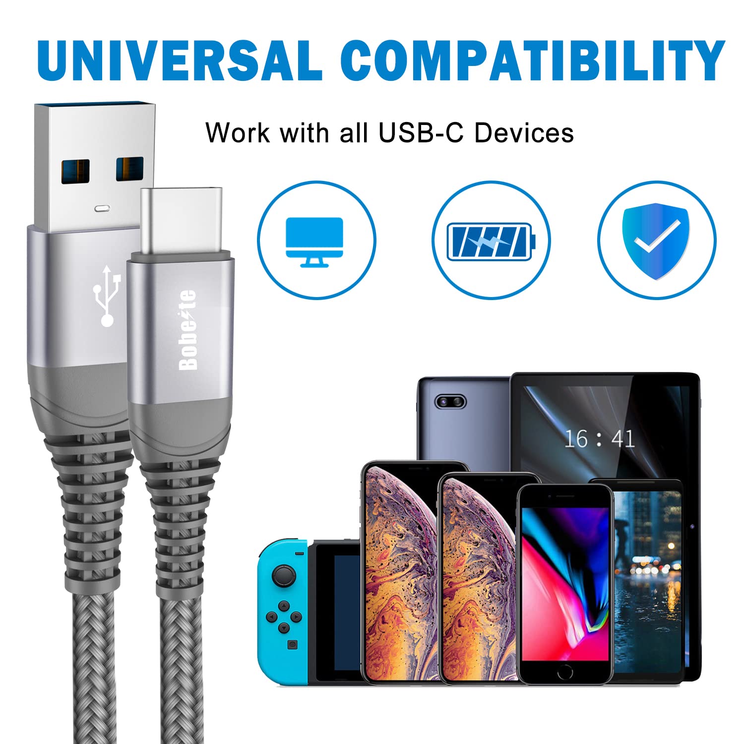 Fast Charging USB C Cable 1M/2M - 3A Nylon Braided Type C Charger for Samsung Galaxy S21/S20/S10/Note 10/9/8, HTC 10/U12+, LG G5/G6 - Perfect for Home, Office & Travel Charging