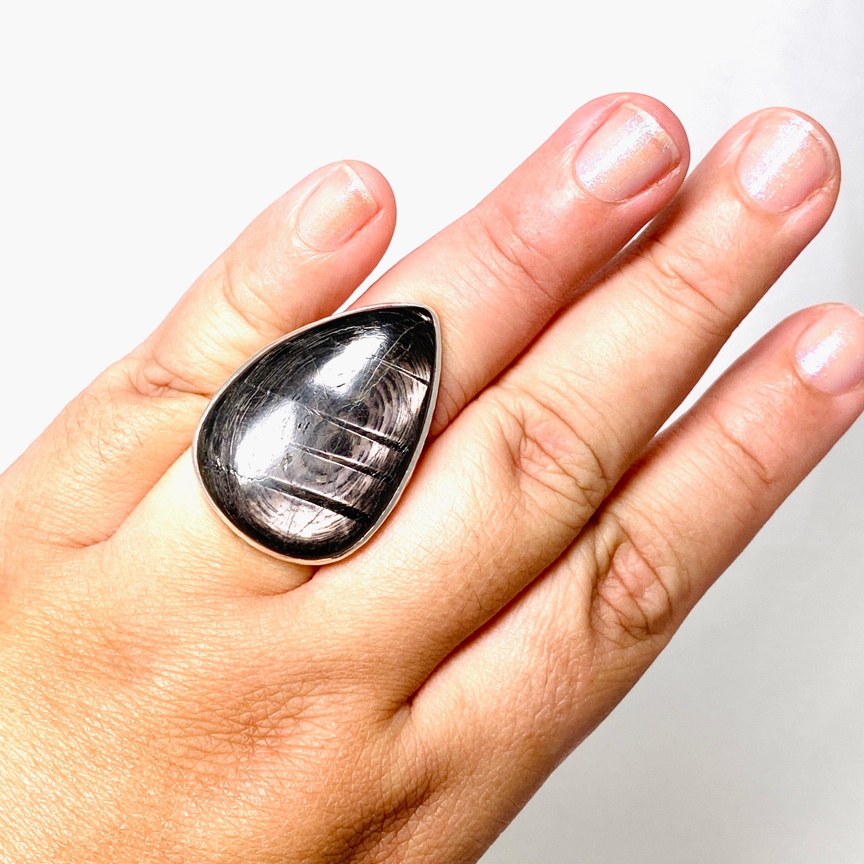 Hypersthene Teardrop Hammered Band Ring - Size 10 - KRGJ3151 | Handmade Boho Jewelry for Women, Gift for Her, Wedding, Anniversary & Everyday Wear