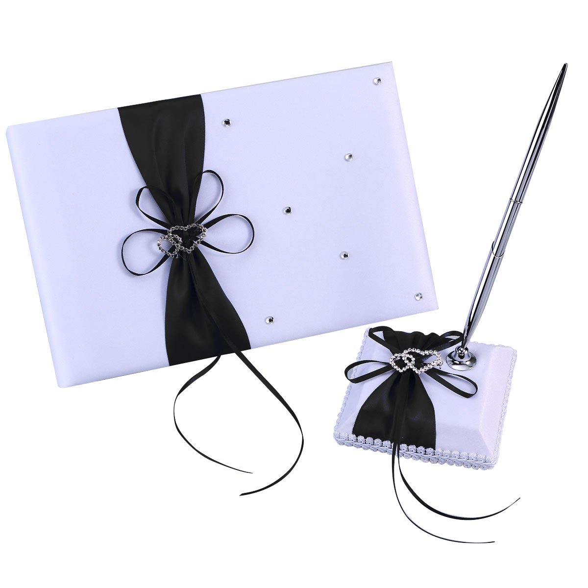 Elegant Wedding Guest Book Set with Pen & Stand - Satin Bow Signature Book for Wedding Decorations & Party Supplies (Black) - Perfect for Weddings, Receptions & Special Events