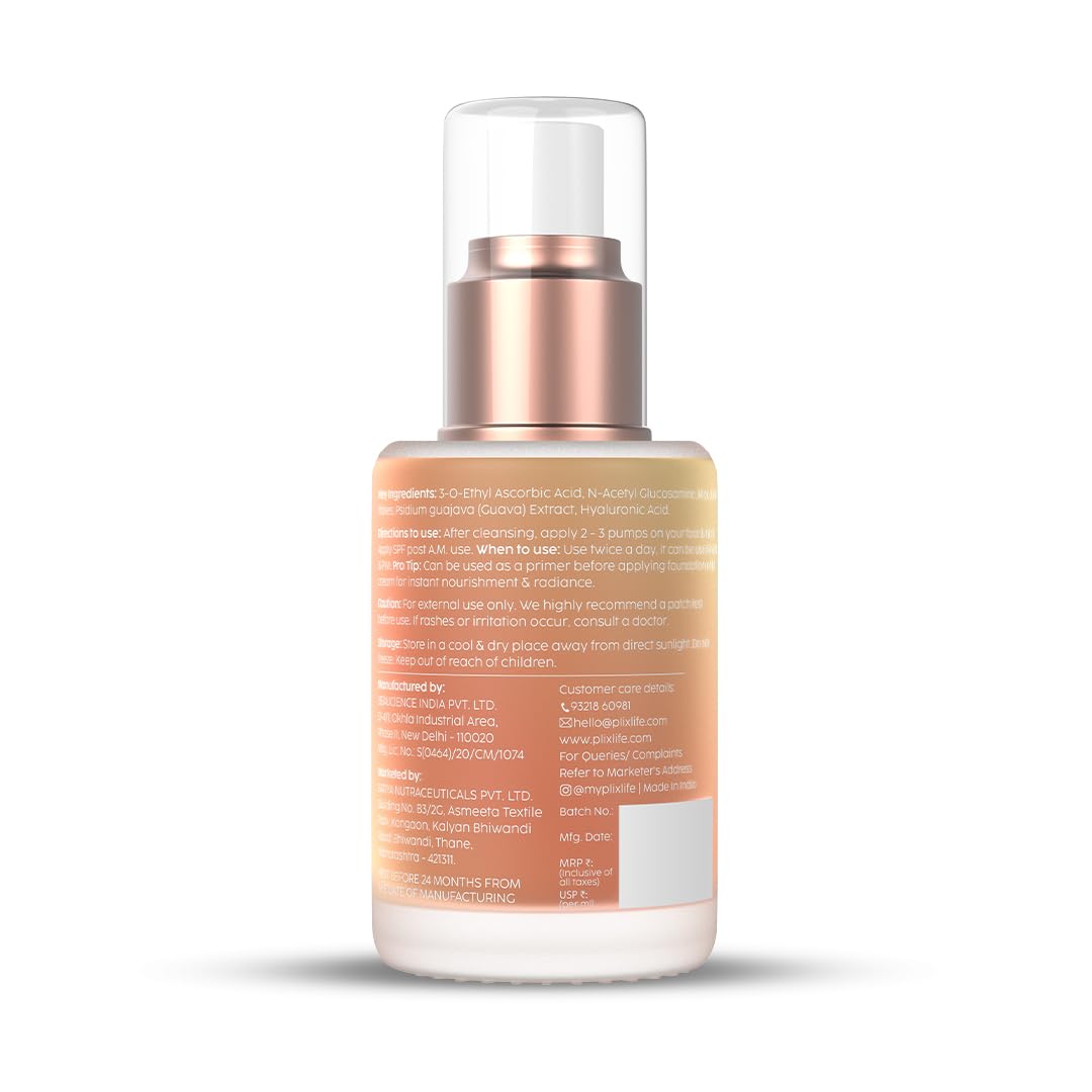 PLIX 24K Guava Gold Serum with Vitamin C & Hyaluronic Acid - Brightening Face Serum for Glowing Skin, Reduces Wrinkles & Photoaging, 2-in-1 Primer & Moisturizer (30ml) - Perfect for Daily Skincare Routine & Makeup Prep