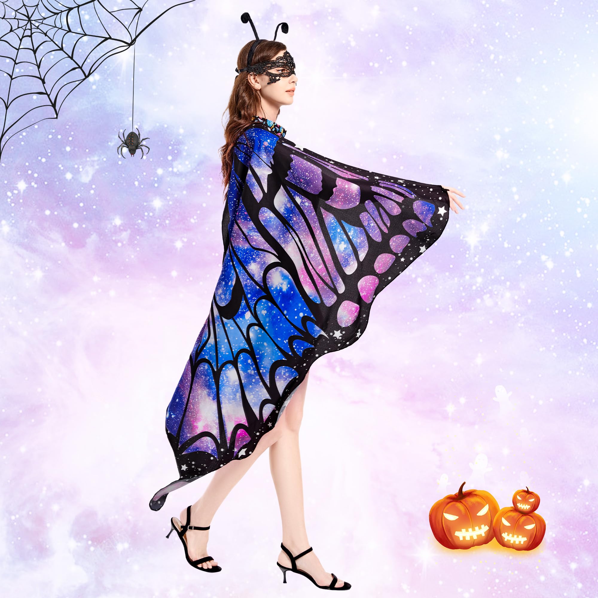 Tibeha Halloween Butterfly Costume for Adults & Kids - Double-Sided Printed Wings with Cape for Women & Girls | Perfect for Halloween Parties, Cosplay & Dress-Up Events