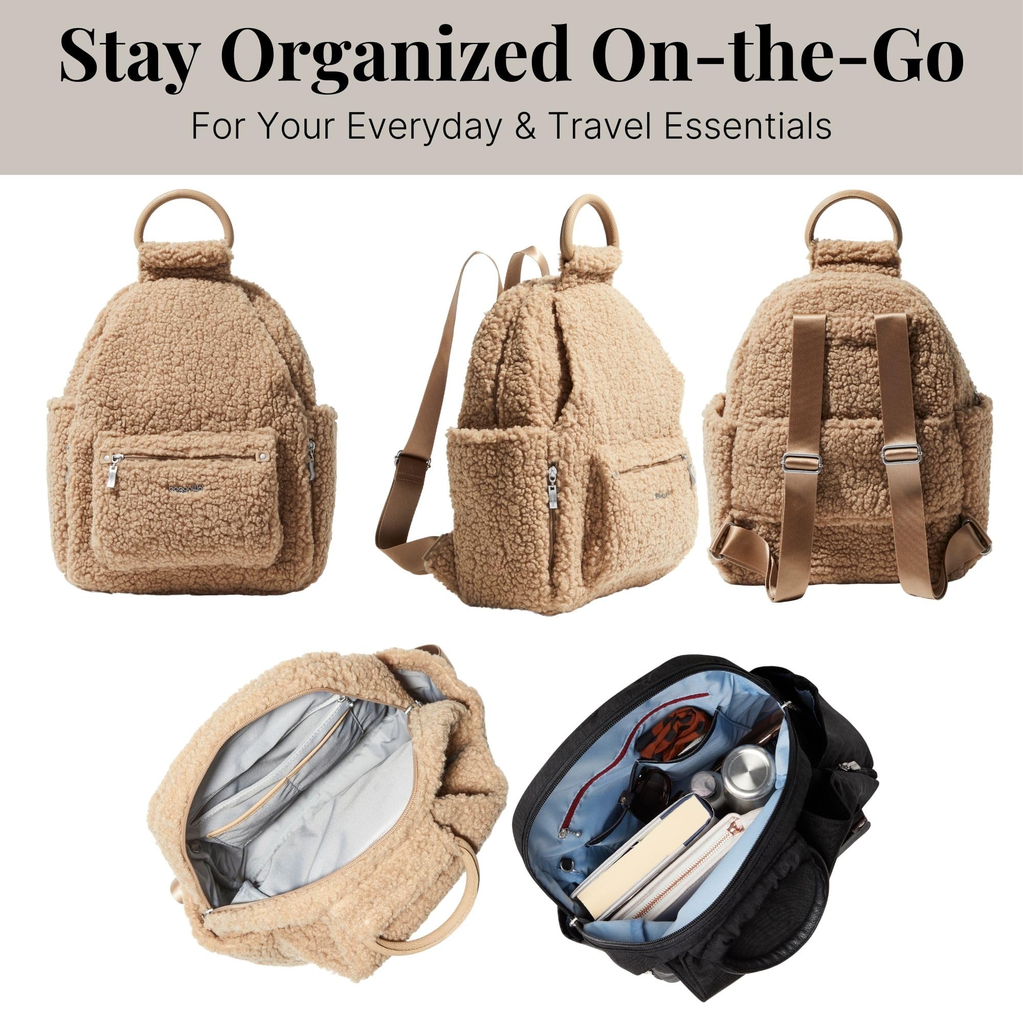 Baggallini Women's RFID Anti-Theft Backpack with Phone Wristlet - Lightweight Travel Backpack for Work, School & Commuting - Taupe Faux Shearling Daypack for Laptops & Essentials