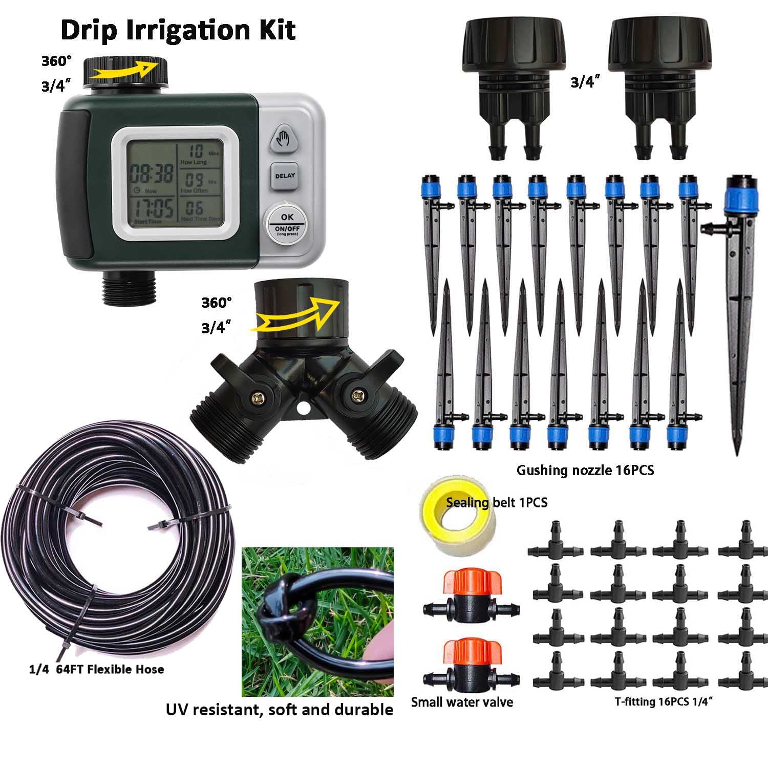 **Automatic Drip Irrigation Kit with Water Timer – 65.5FT 1/4
