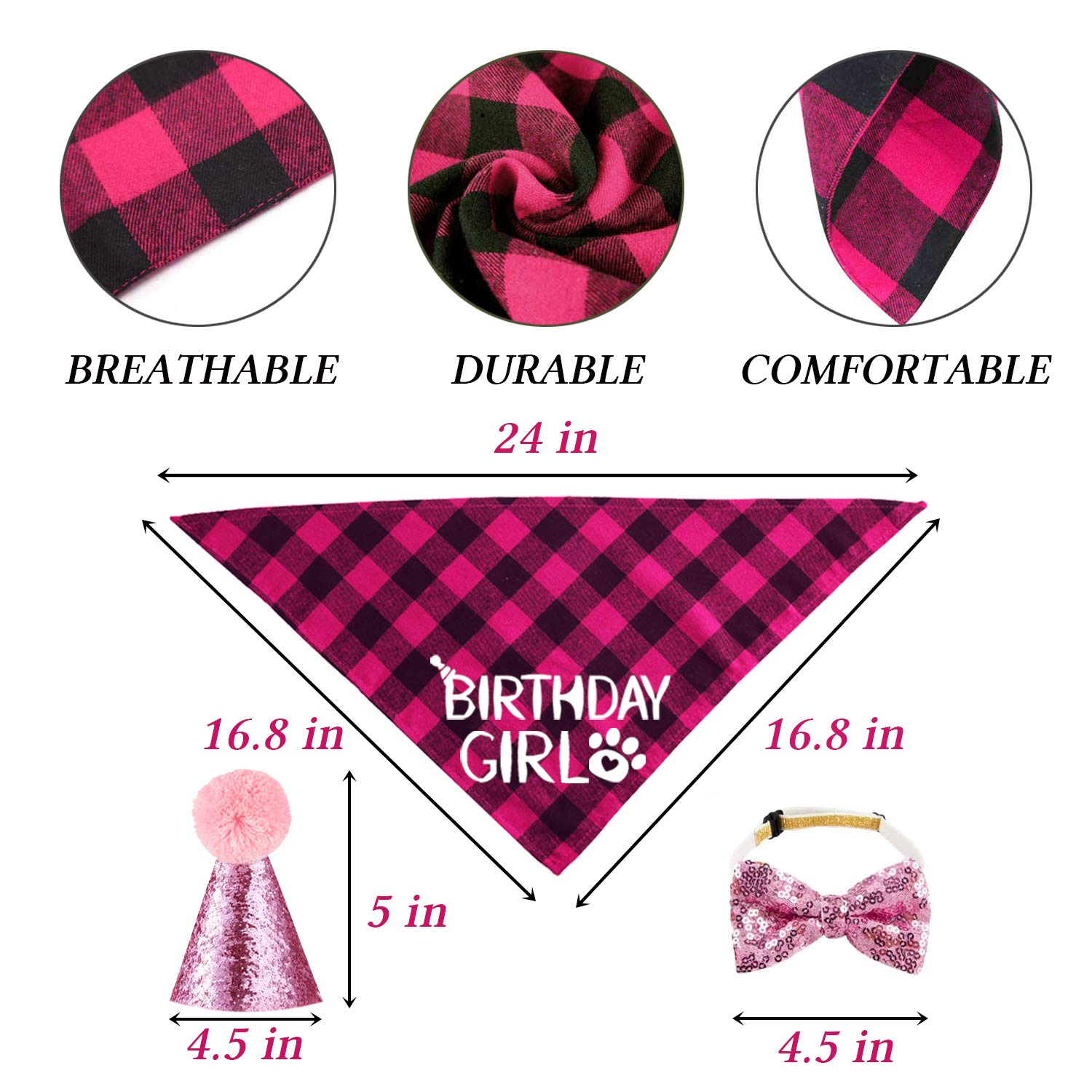 STMK Dog Birthday Bandana & Party Set - Cute Triangle Scarf with Number Hat & Bowtie for Birthday Celebrations | Perfect for Dog Birthday Parties, Photo Shoots & Special Occasions (Pink)