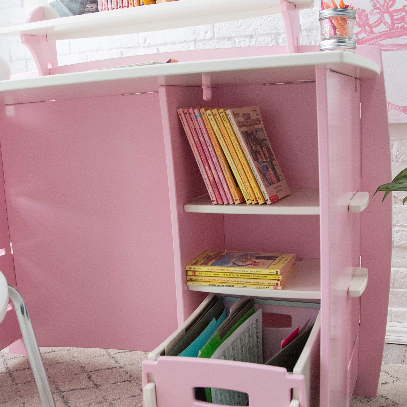 Legaré Kids Desk with Shelves & File Cart - Princess Series Study Desk for Children's Bedroom in Pink & White - Perfect for Homework, Drawing & Organizing School Supplies