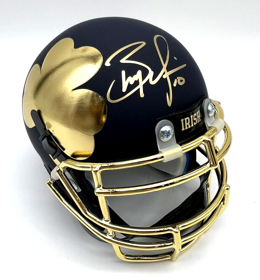 Brady Quinn Autographed Notre Dame Blue Shamrock Tradition Mini Football Helmet - Signed Collectible for Fans, Sports Memorabilia, Home & Office Display