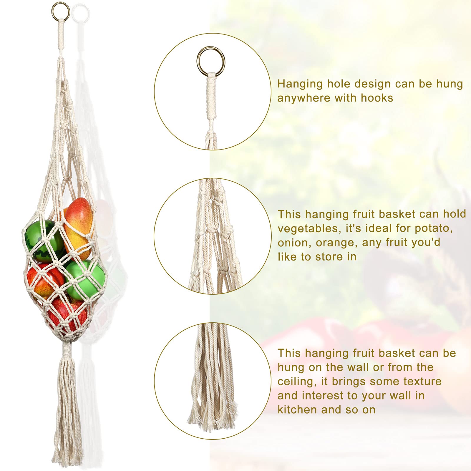 Geiserailie 2-Pack Macrame Hanging Fruit Basket - Breathable Storage for Potatoes, Onions & Produce - Boho Kitchen Decor for Pantry, Farmhouse & Organic Food Display