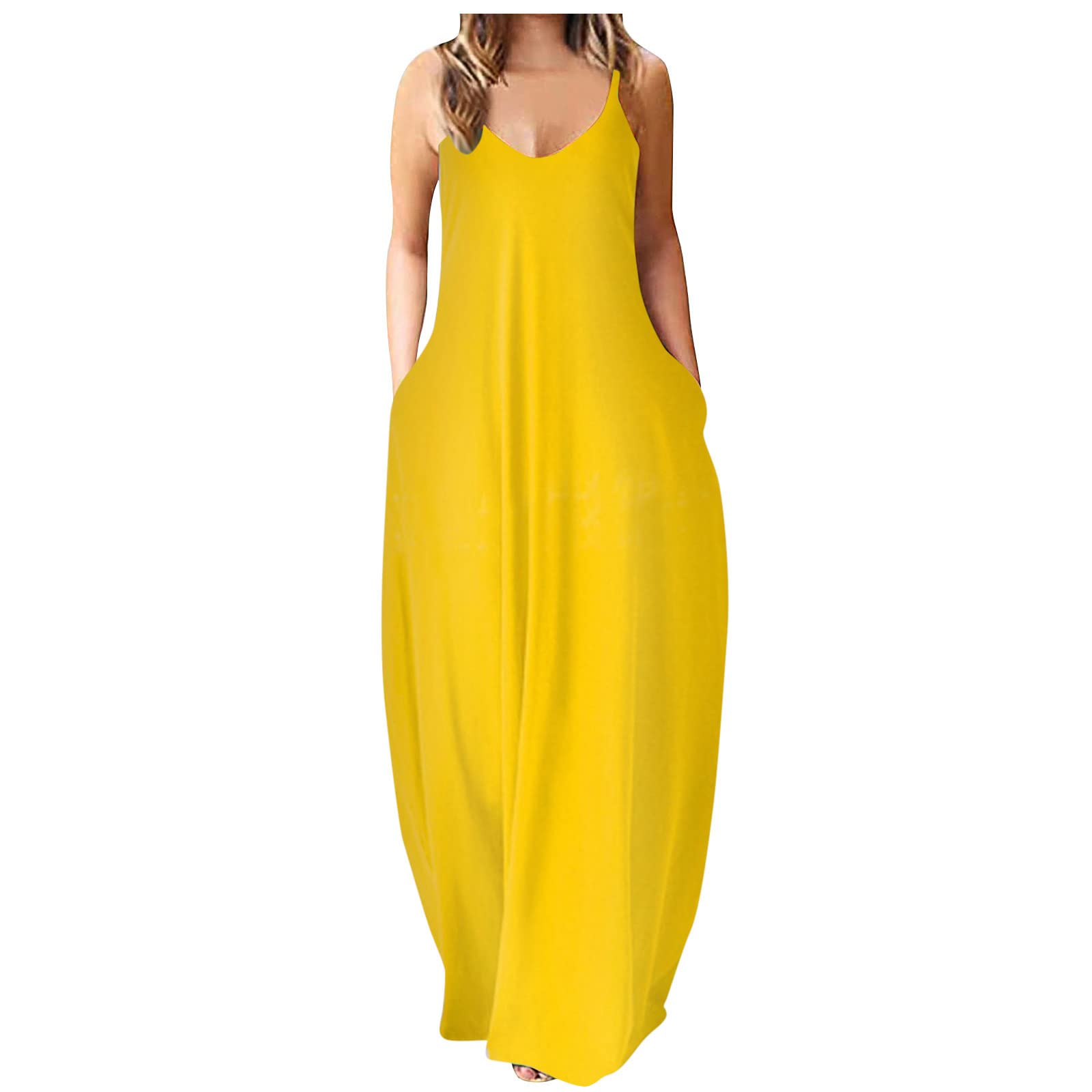 Plus Size Women's Summer Dresses - Sleeveless V-Neck Cami Maxi Dress with Pockets | Casual & Comfortable Beachwear, Vacation Outfits, Outdoor Date Night Dress