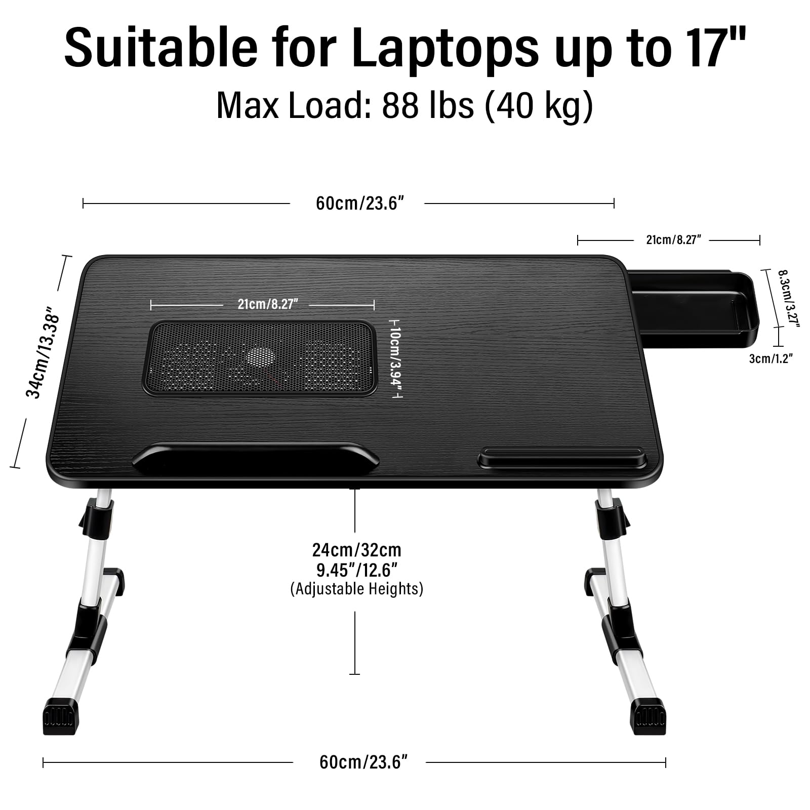 Adjustable Laptop Lap Desk with Cooling Fan & Storage Drawer - Ergonomic Bed Table for 17.3