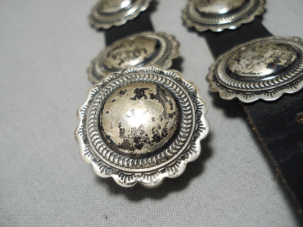 Amazing Vintage Native American Navajo Hand Tooled Sterling Silver Convex Concho Belt