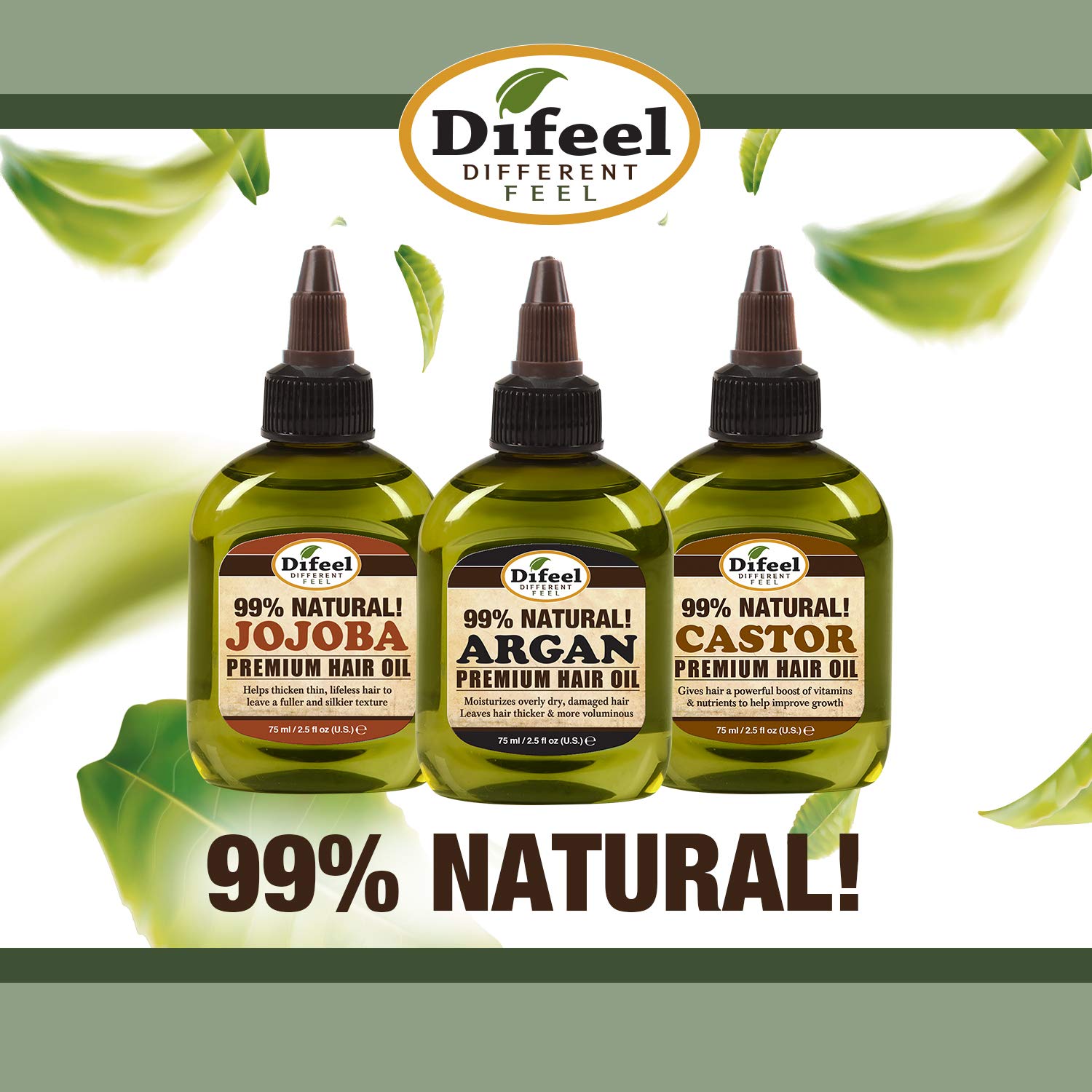 Difeel Premium 99% All Natural Anti-Frizz Hair Oil with Olive Oil, Vitamins A & E - 2.5oz for Smooth, Shiny Hair - Perfect for Dry, Damaged & Curly Hair Care