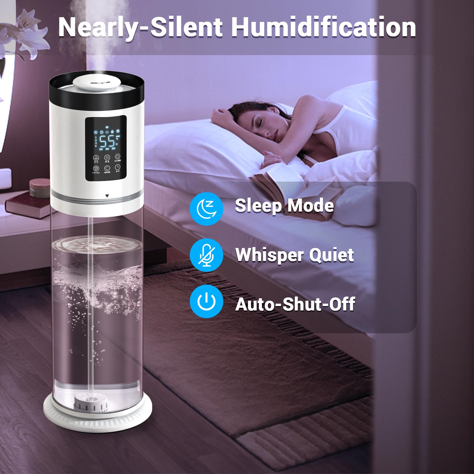 Ultrasonic Cool Mist Humidifier for Large Bedroom & Office - 8L (2.1Gal) Capacity with Clear Tank, 7-Color Ambient Light, Built-in Humidistat & Essential Oil Tray - Ultra Quiet (36dB) for Better Sleep, Air Comfort & Aromatherapy