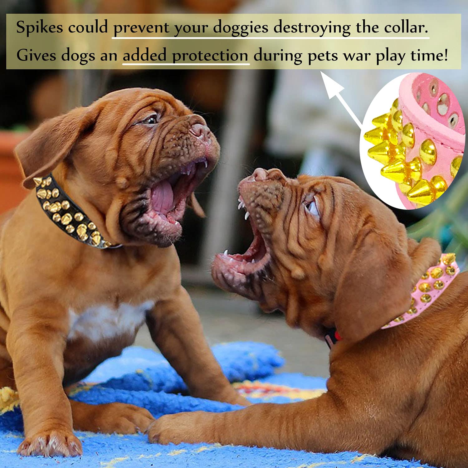 TEEMERRYCA Pink Leather Dog Collar with Gold Spikes for Small, Medium & Large Dogs - Pit Bulls, Bulldogs & Puppies - Adjustable 8.3