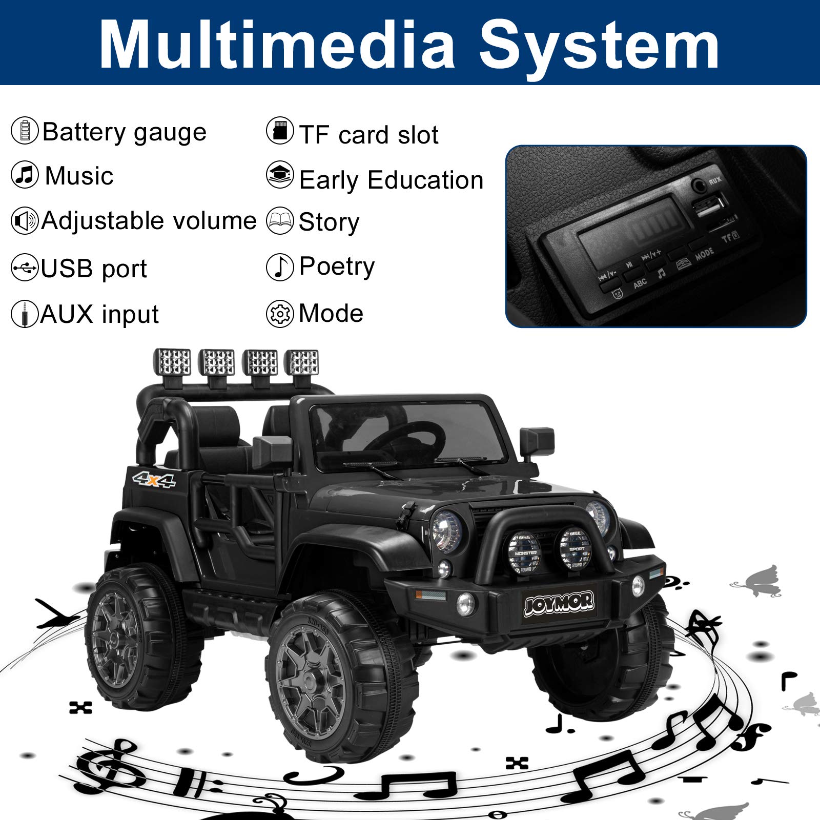 12V Electric Ride On Car for Kids - 2 Seater Remote Control Toy Vehicle with Suspension Wheels, LED Lights, Horn & Seat Belts - Perfect for Indoor & Outdoor Play (Black)